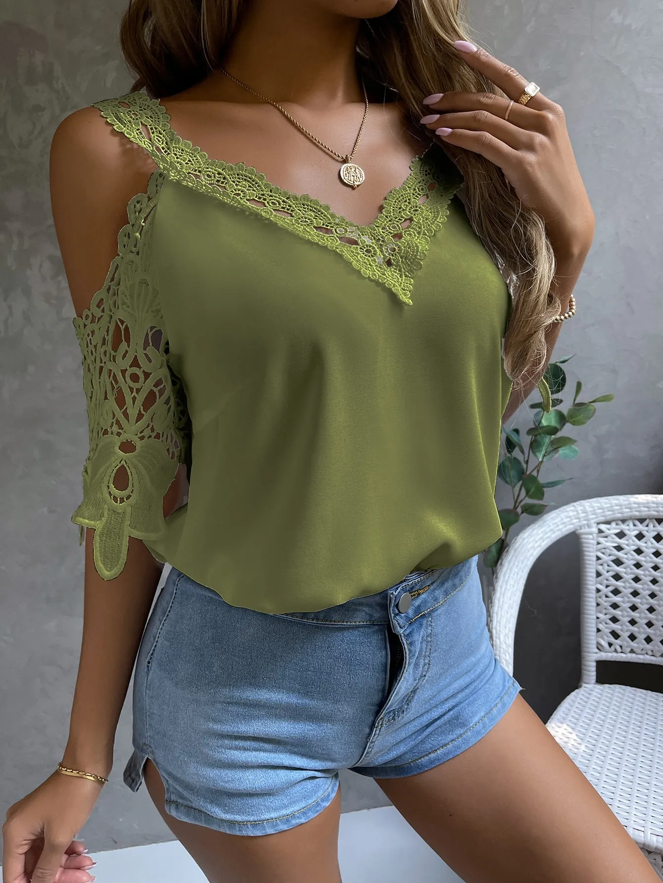 Cold Shoulder Guipure Lace Blouse