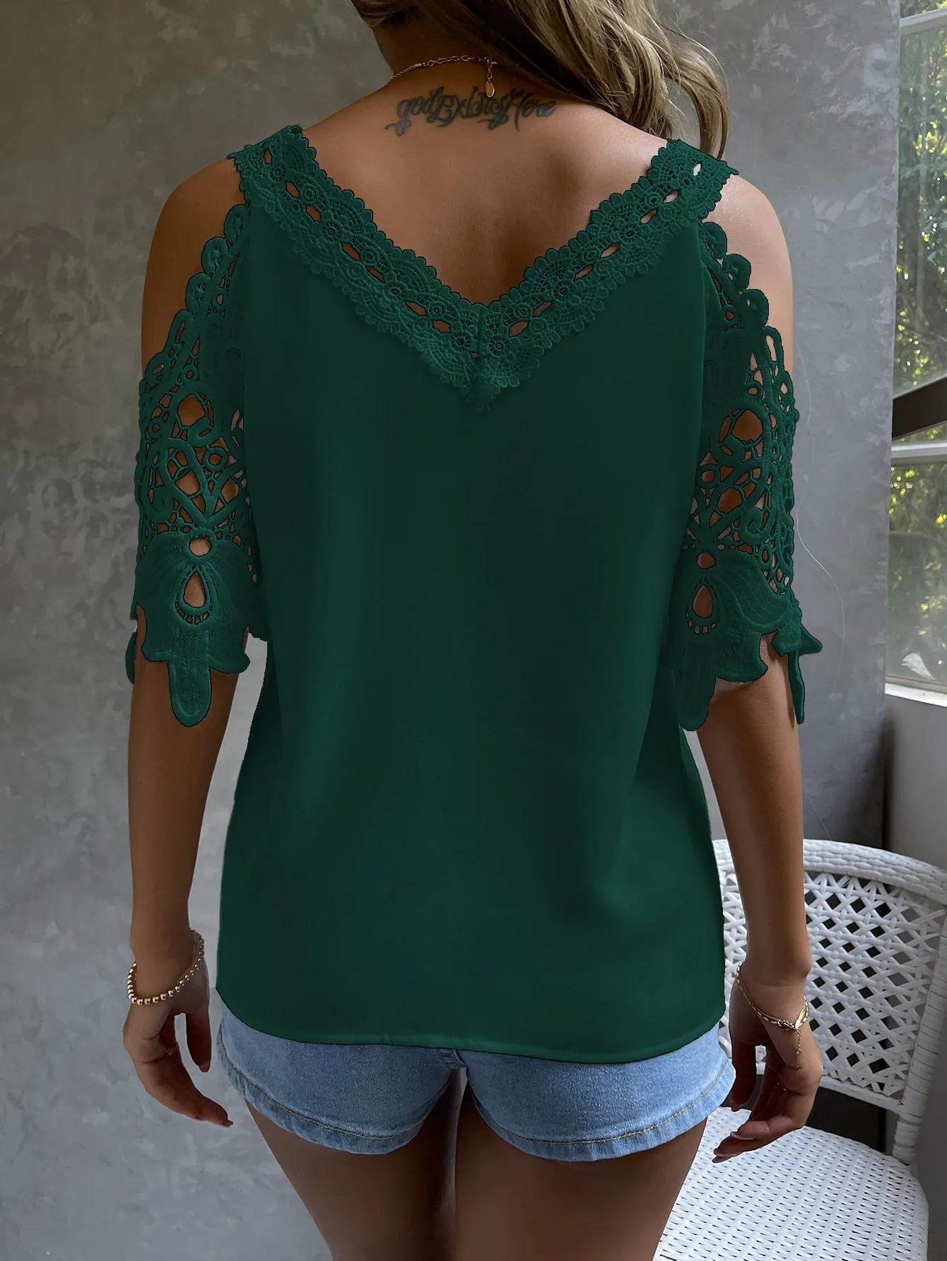 Cold Shoulder Guipure Lace Blouse