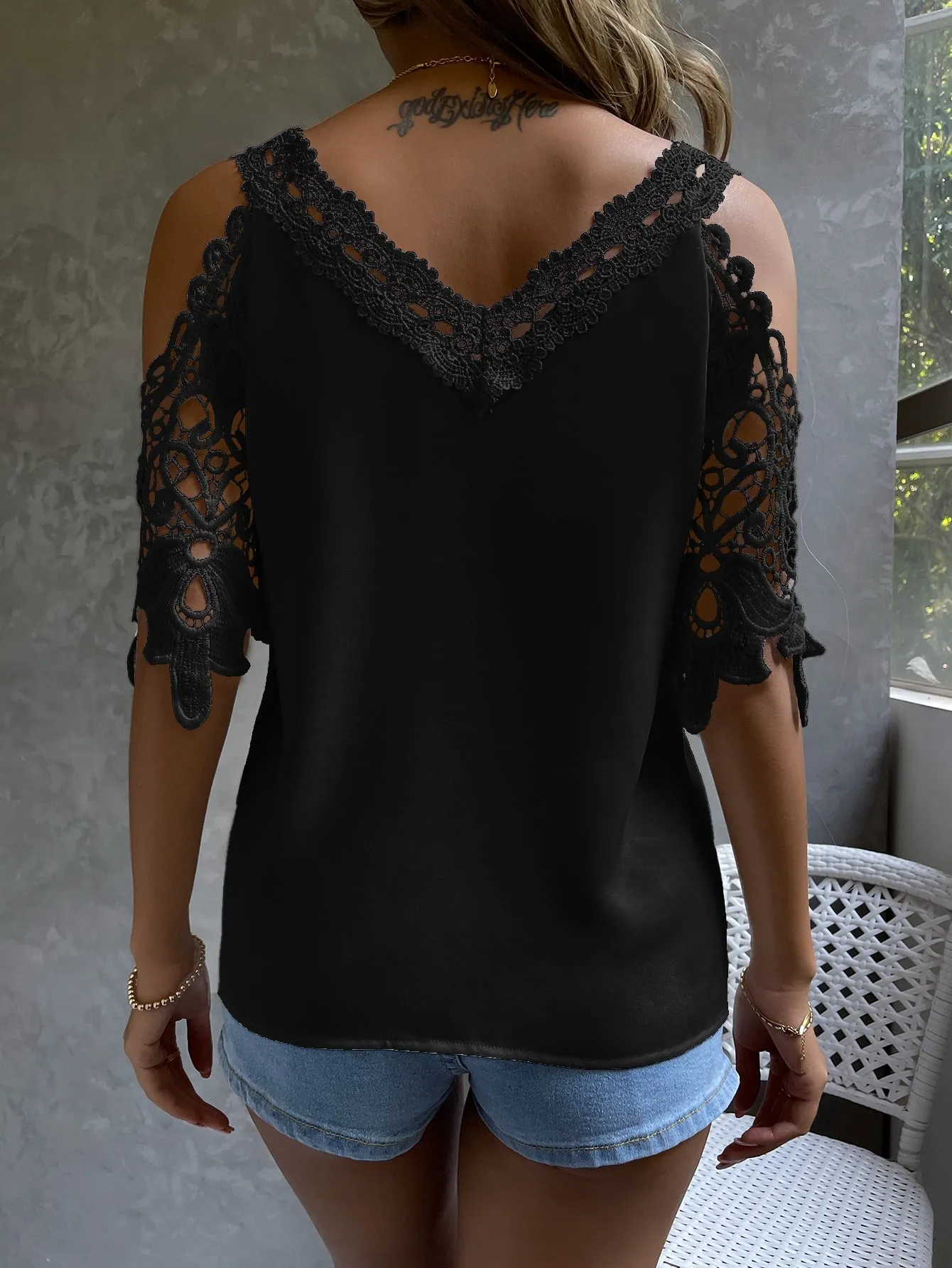 Cold Shoulder Guipure Lace Blouse