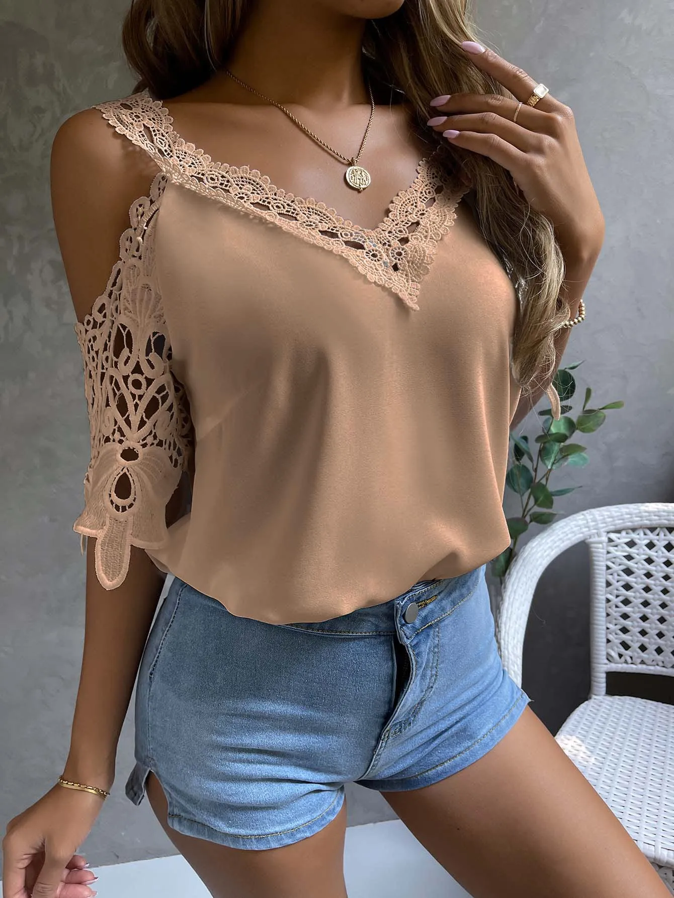 Cold Shoulder Guipure Lace Blouse