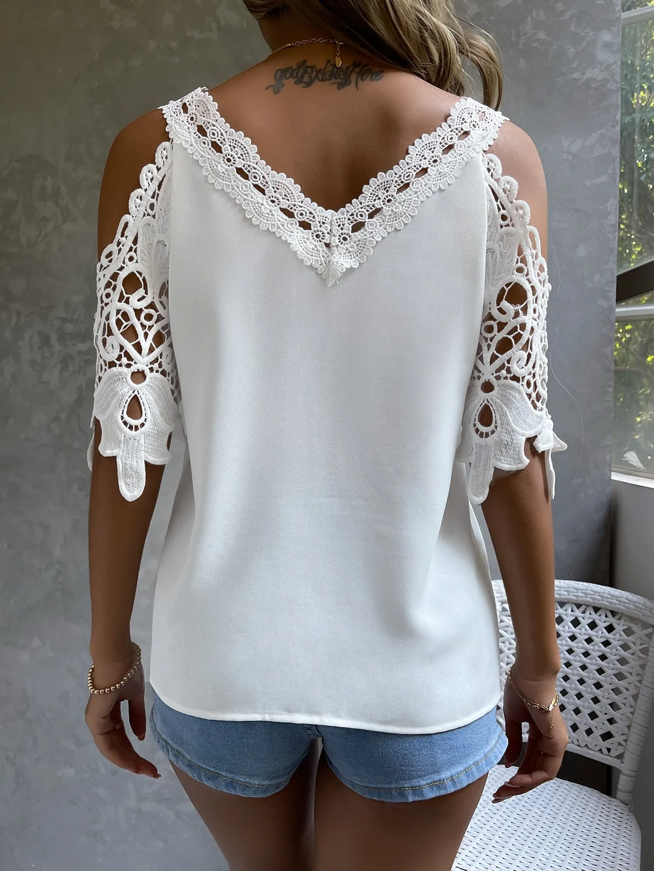 Cold Shoulder Guipure Lace Blouse