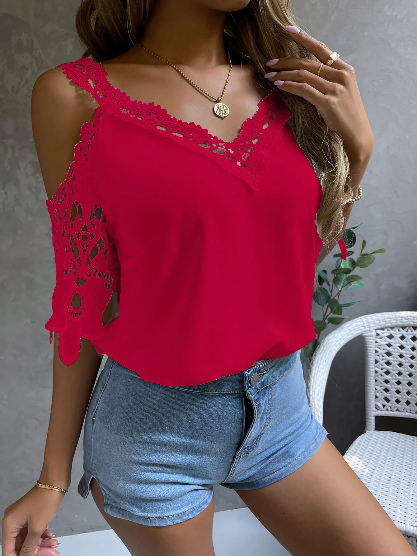 Cold Shoulder Guipure Lace Blouse