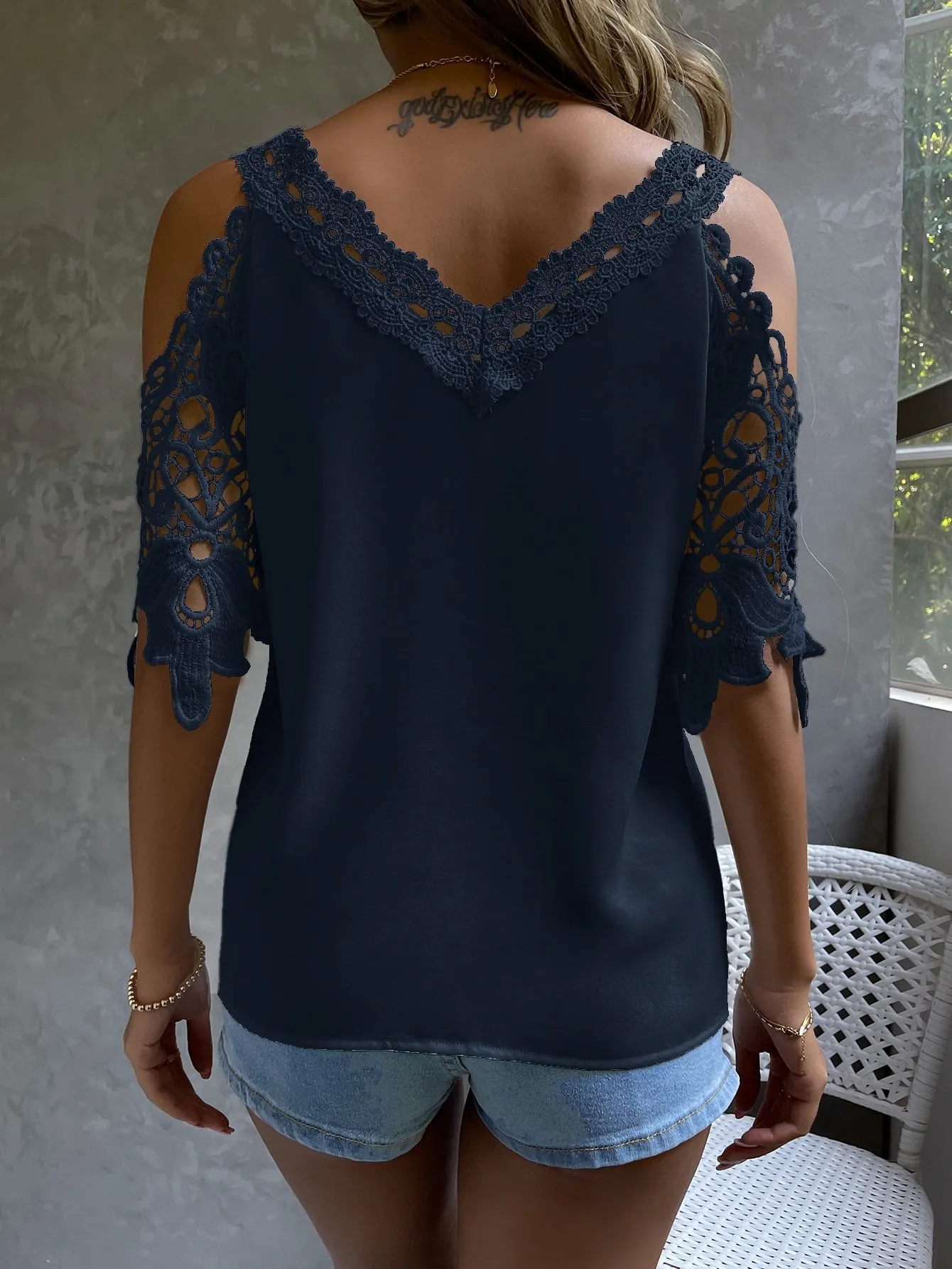 Cold Shoulder Guipure Lace Blouse