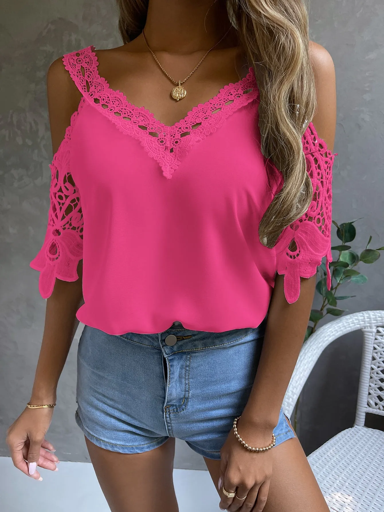 Cold Shoulder Guipure Lace Blouse