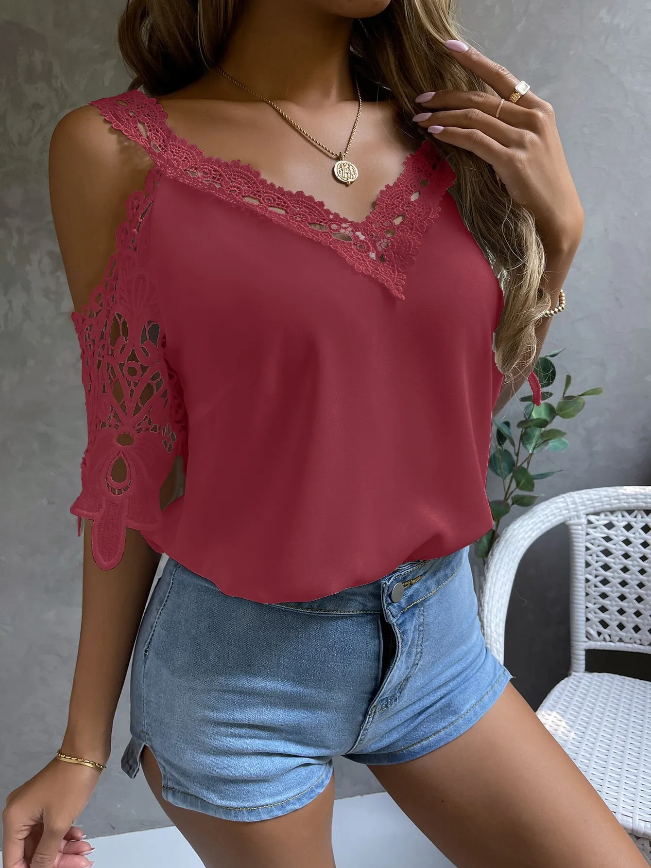 Cold Shoulder Guipure Lace Blouse