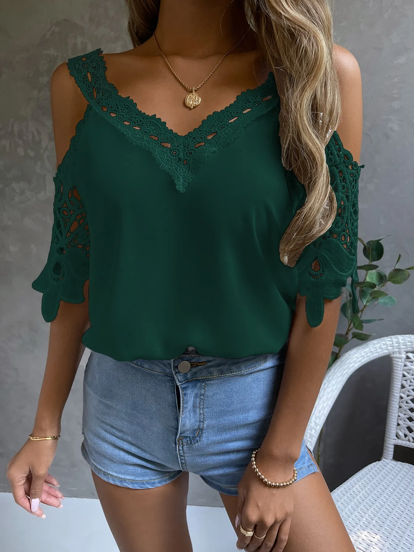 Cold Shoulder Guipure Lace Blouse