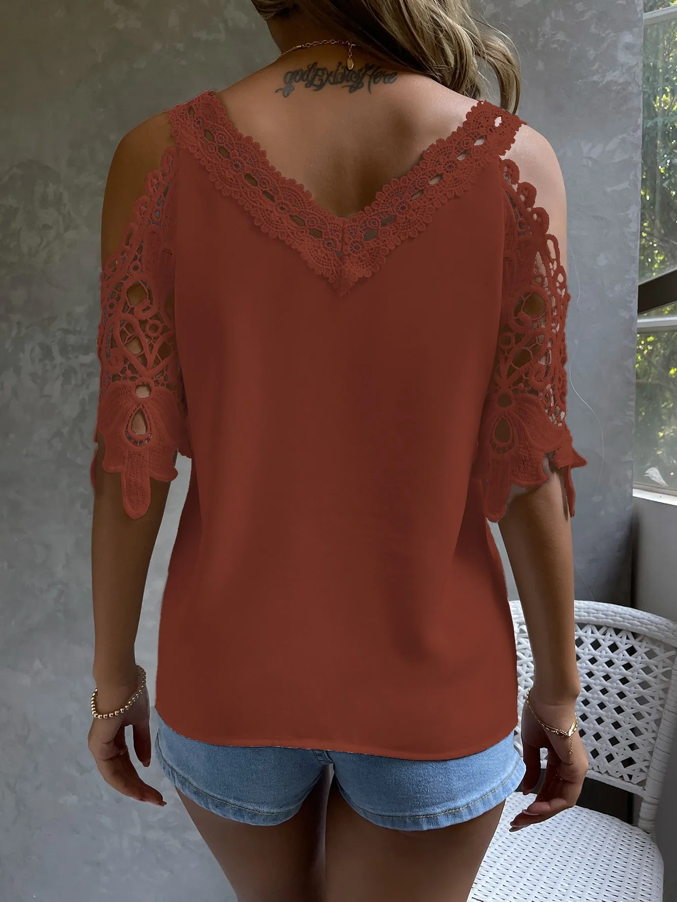 Cold Shoulder Guipure Lace Blouse