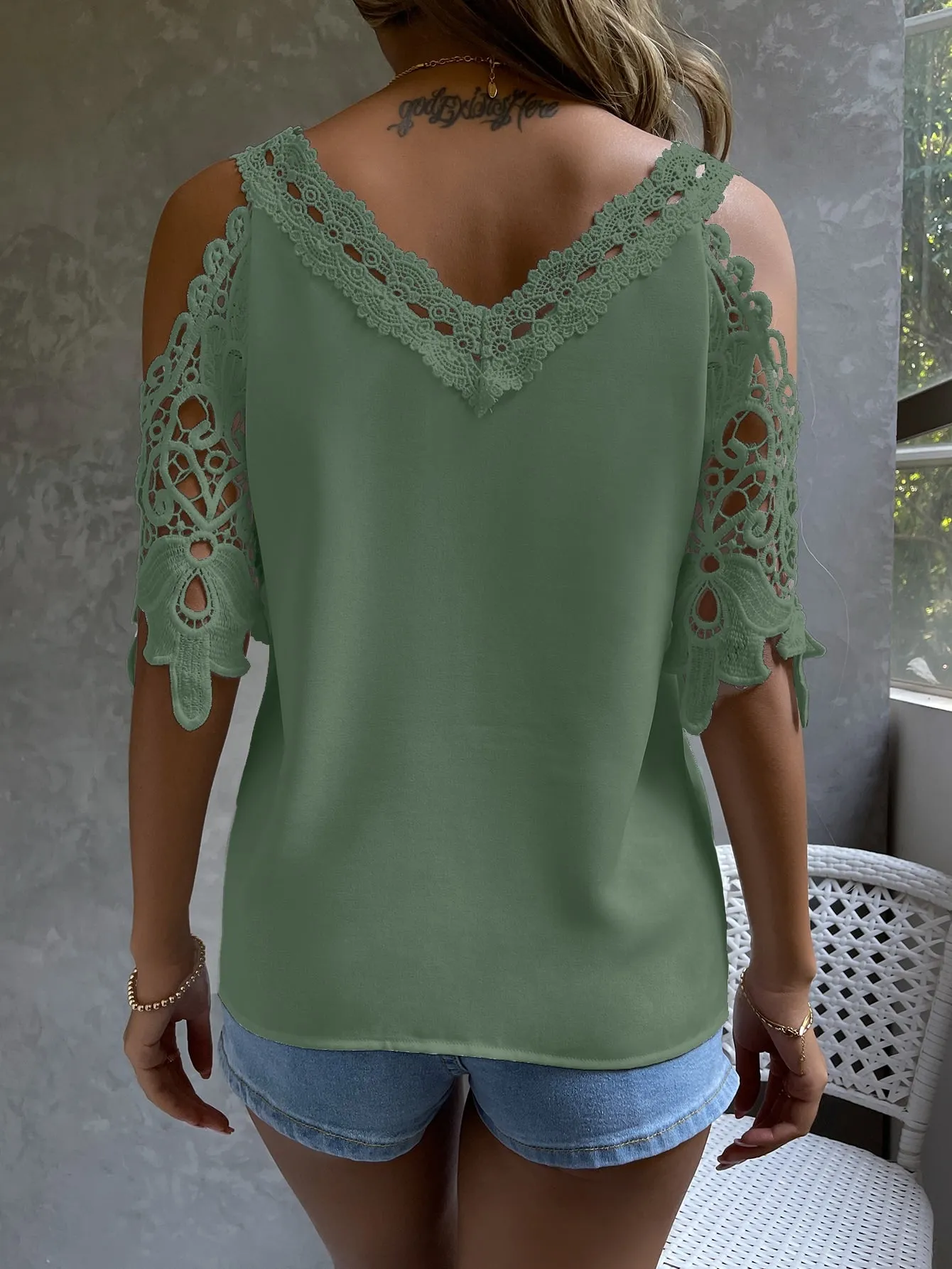 Cold Shoulder Guipure Lace Blouse