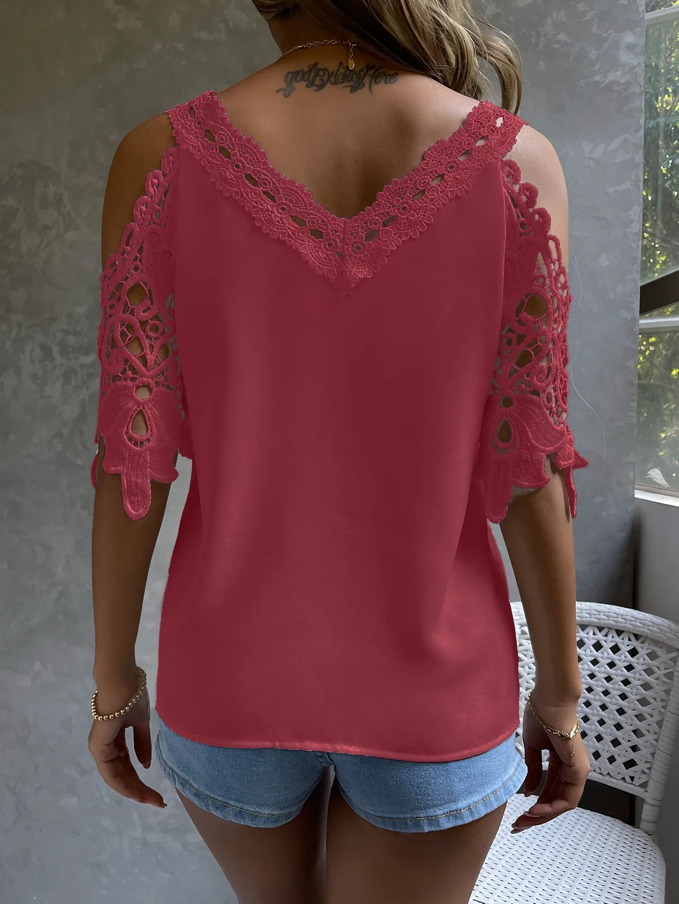 Cold Shoulder Guipure Lace Blouse