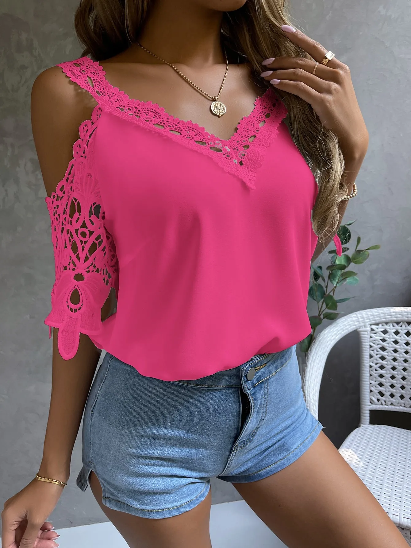 Cold Shoulder Guipure Lace Blouse