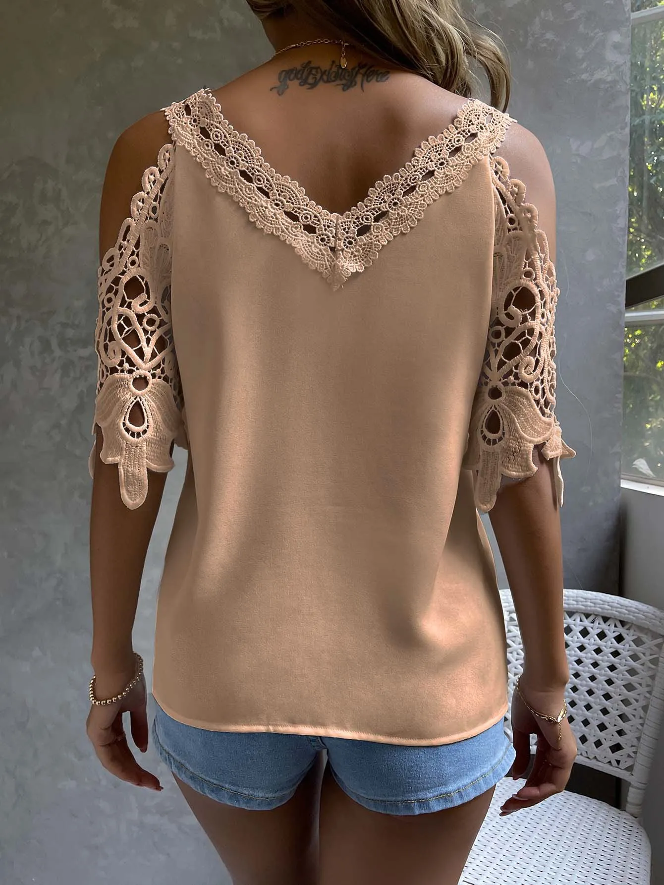 Cold Shoulder Guipure Lace Blouse