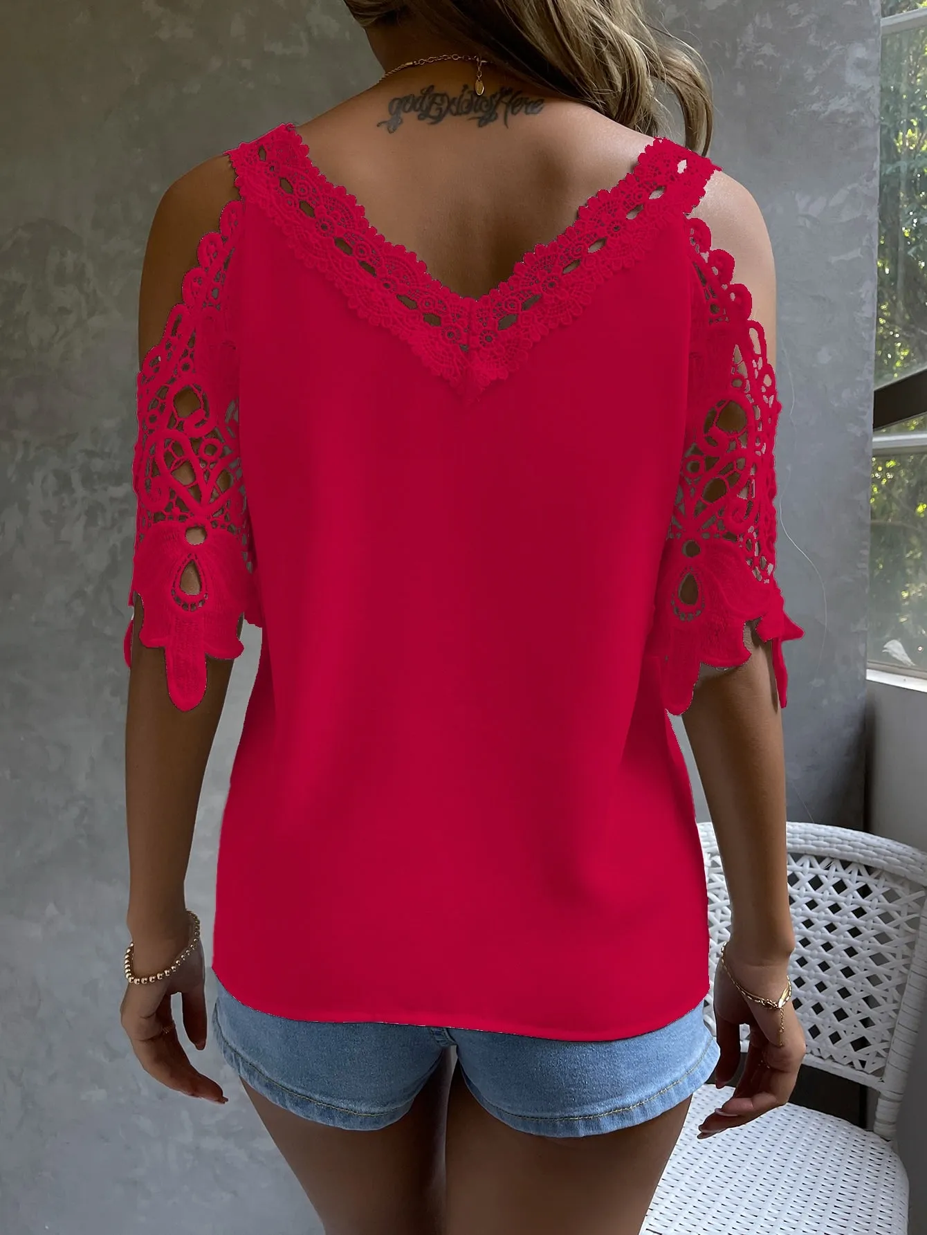 Cold Shoulder Guipure Lace Blouse