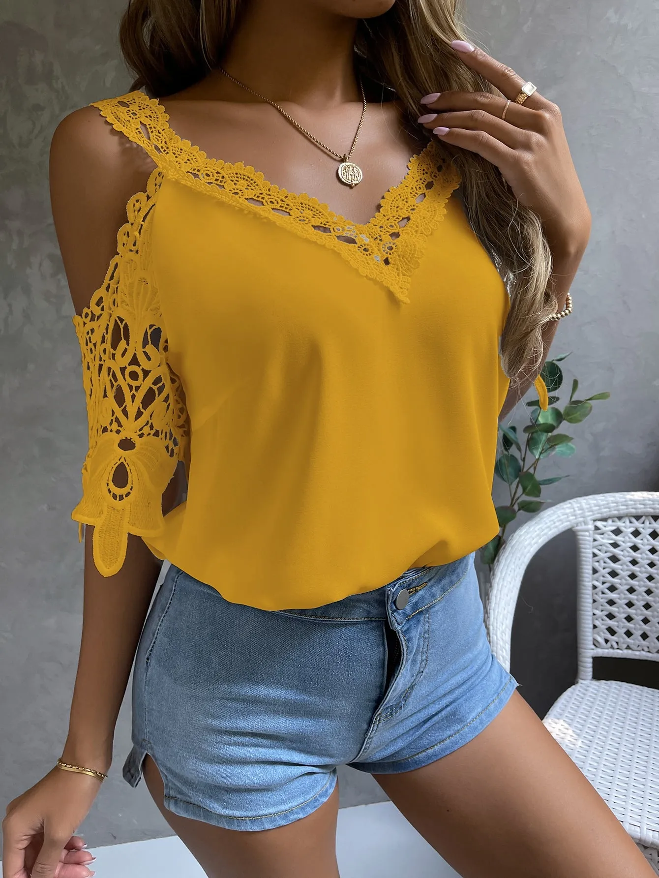 Cold Shoulder Guipure Lace Blouse