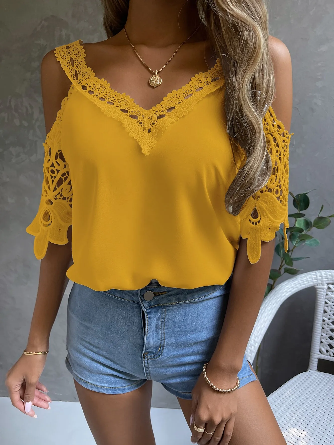 Cold Shoulder Guipure Lace Blouse