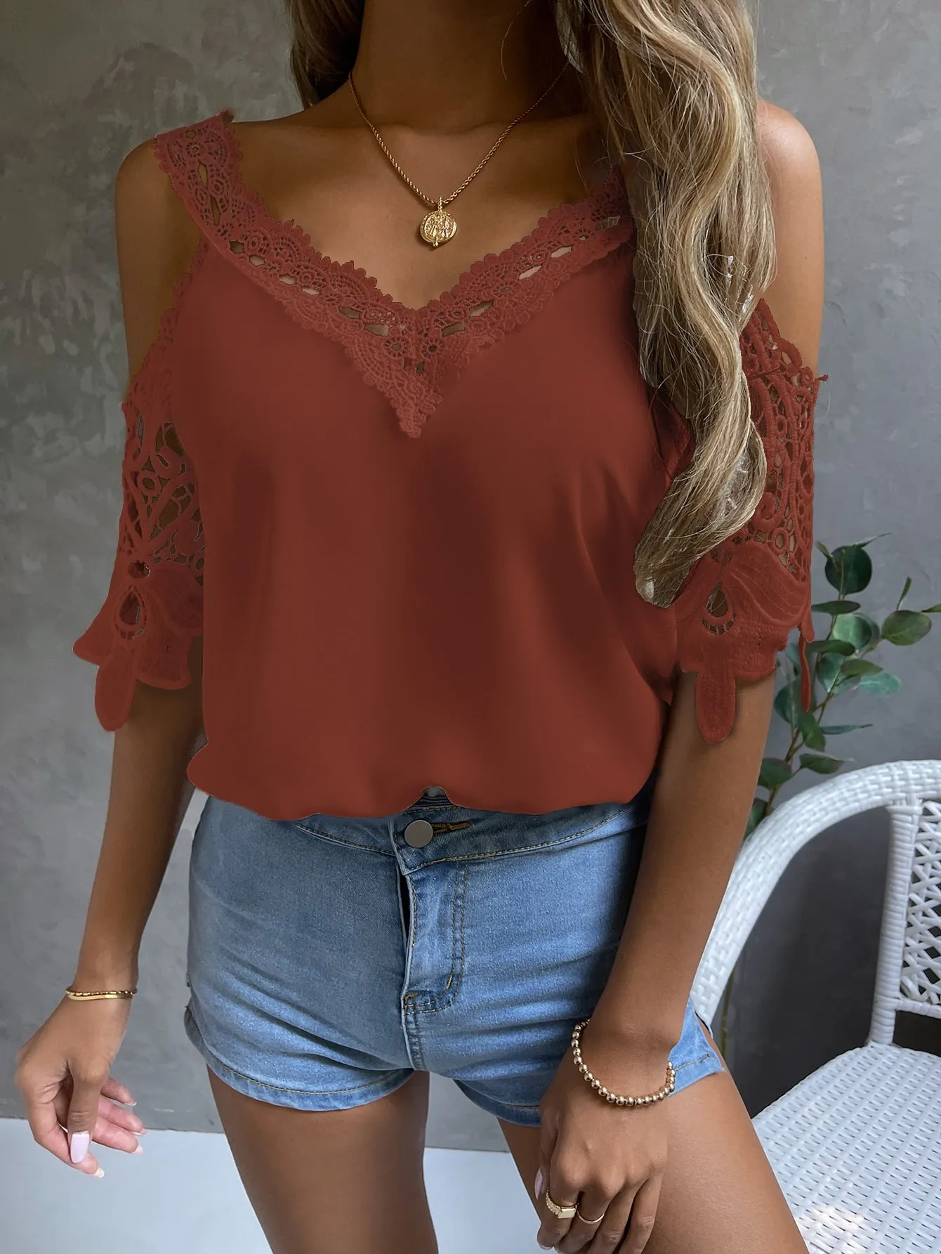 Cold Shoulder Guipure Lace Blouse