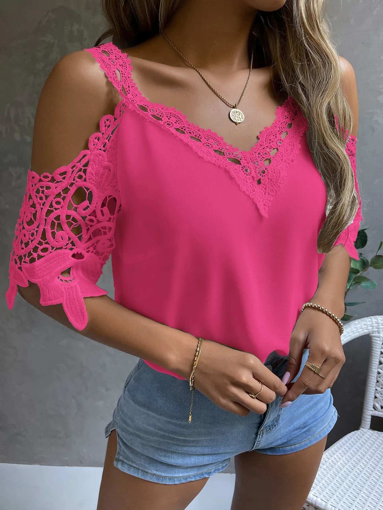 Cold Shoulder Guipure Lace Blouse