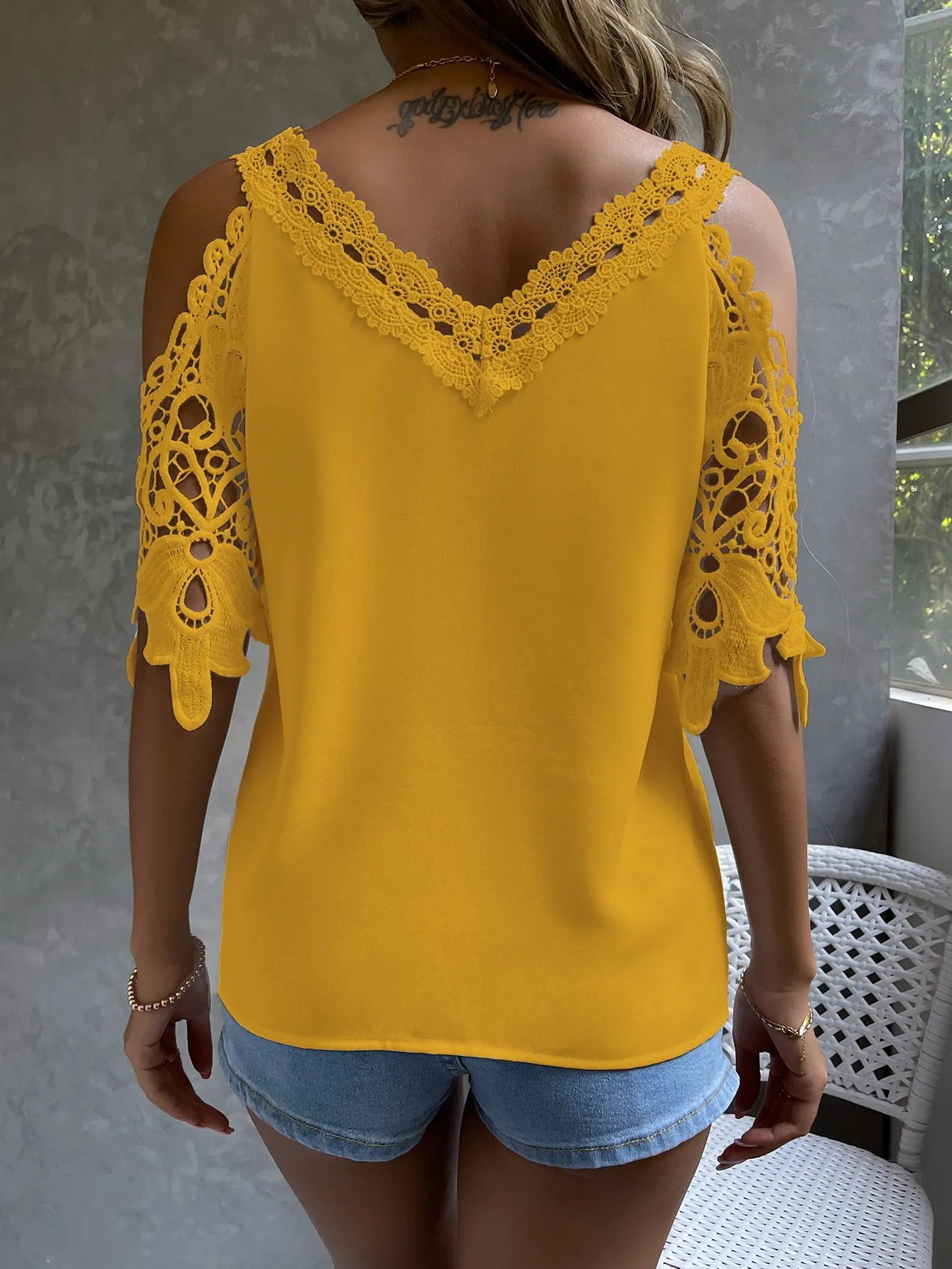 Cold Shoulder Guipure Lace Blouse