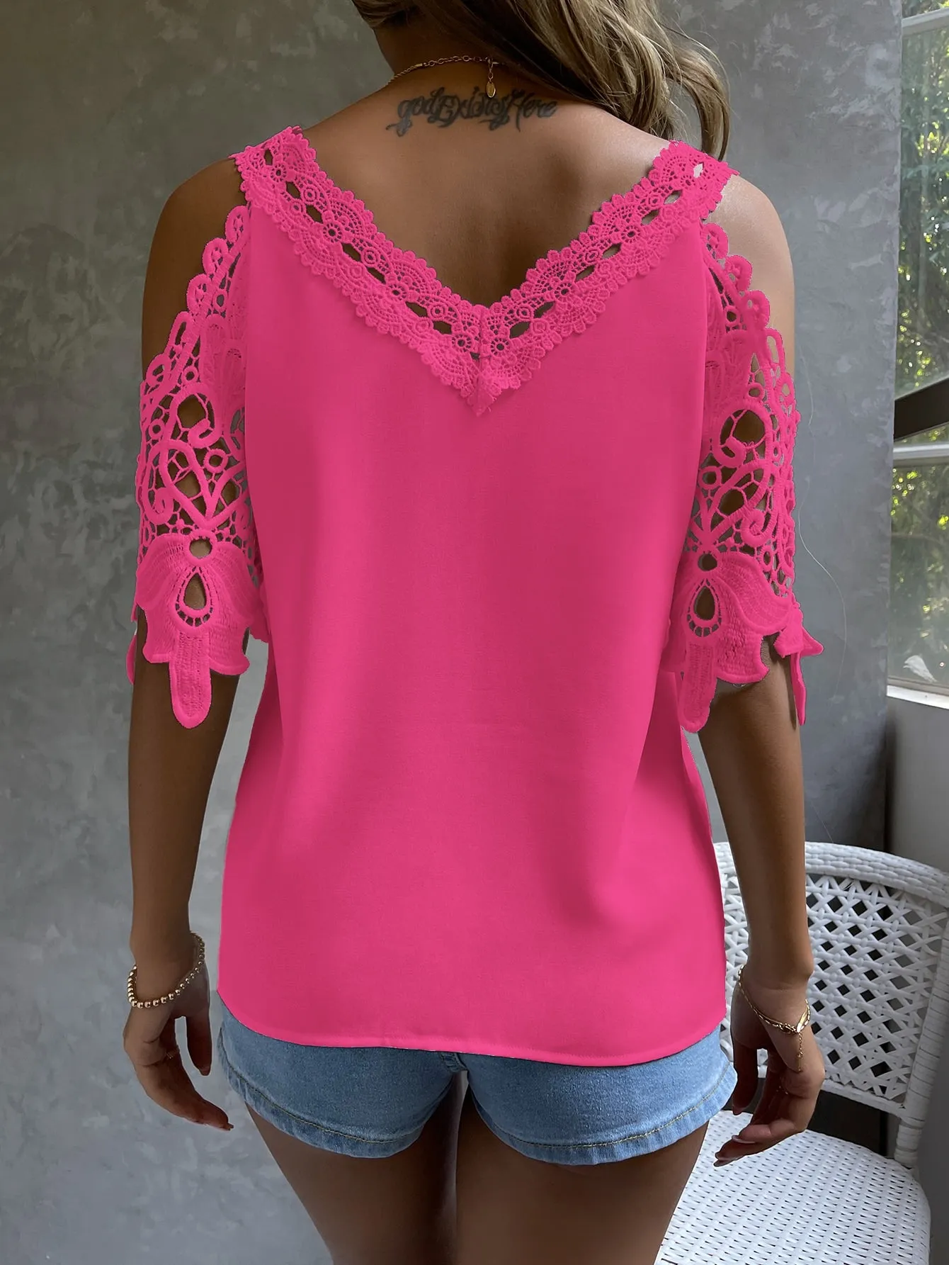 Cold Shoulder Guipure Lace Blouse