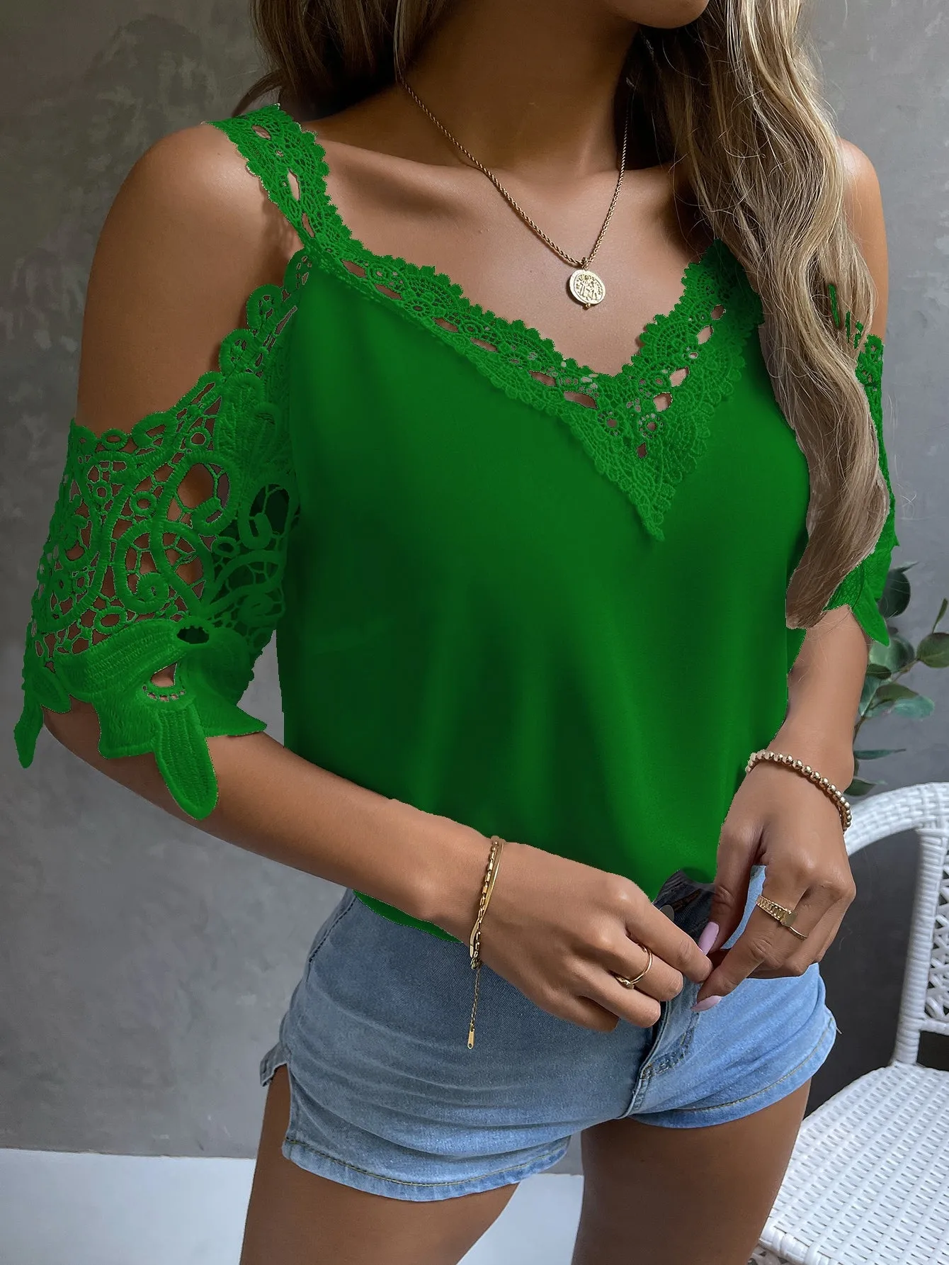 Cold Shoulder Guipure Lace Blouse