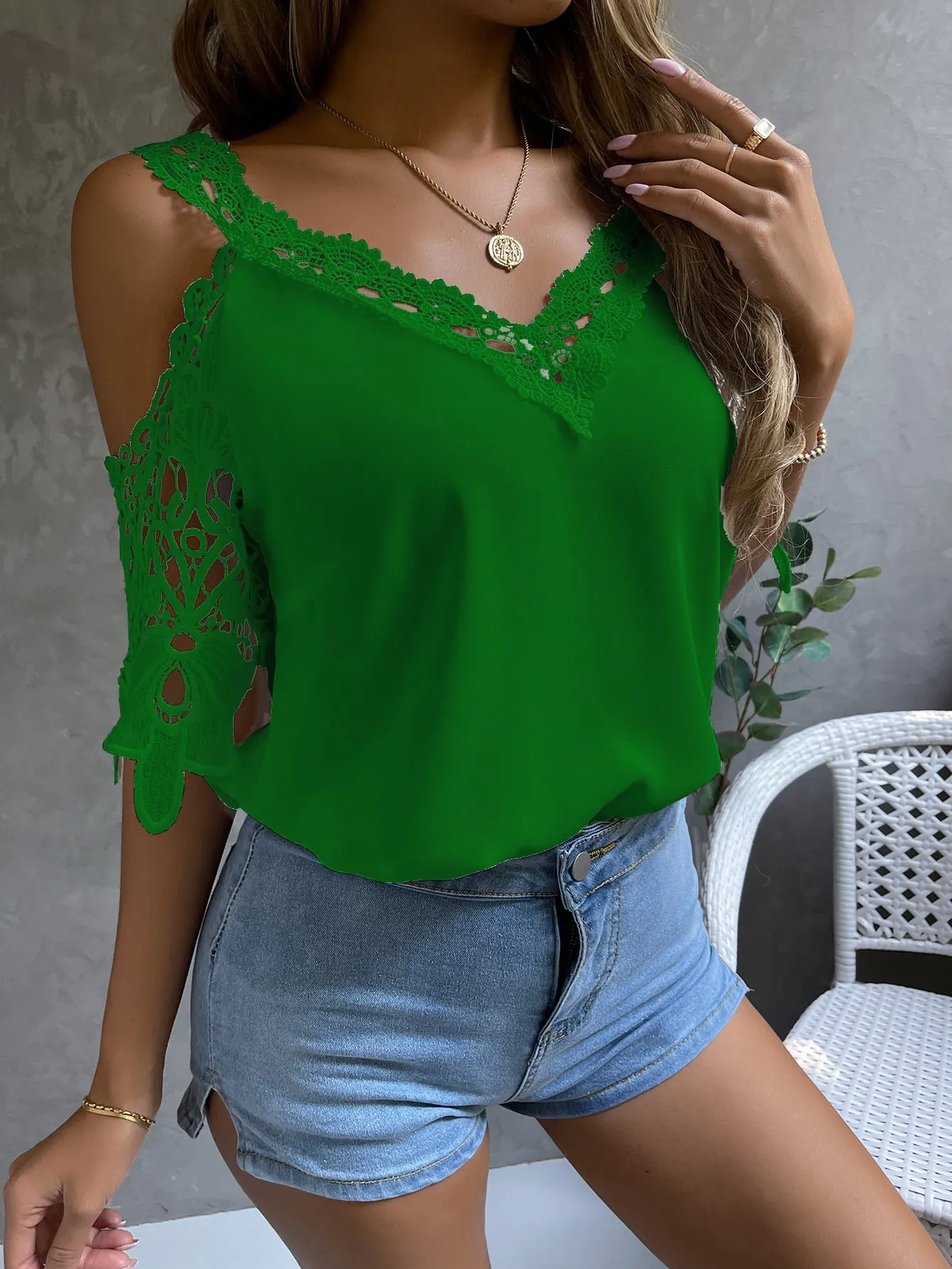 Cold Shoulder Guipure Lace Blouse