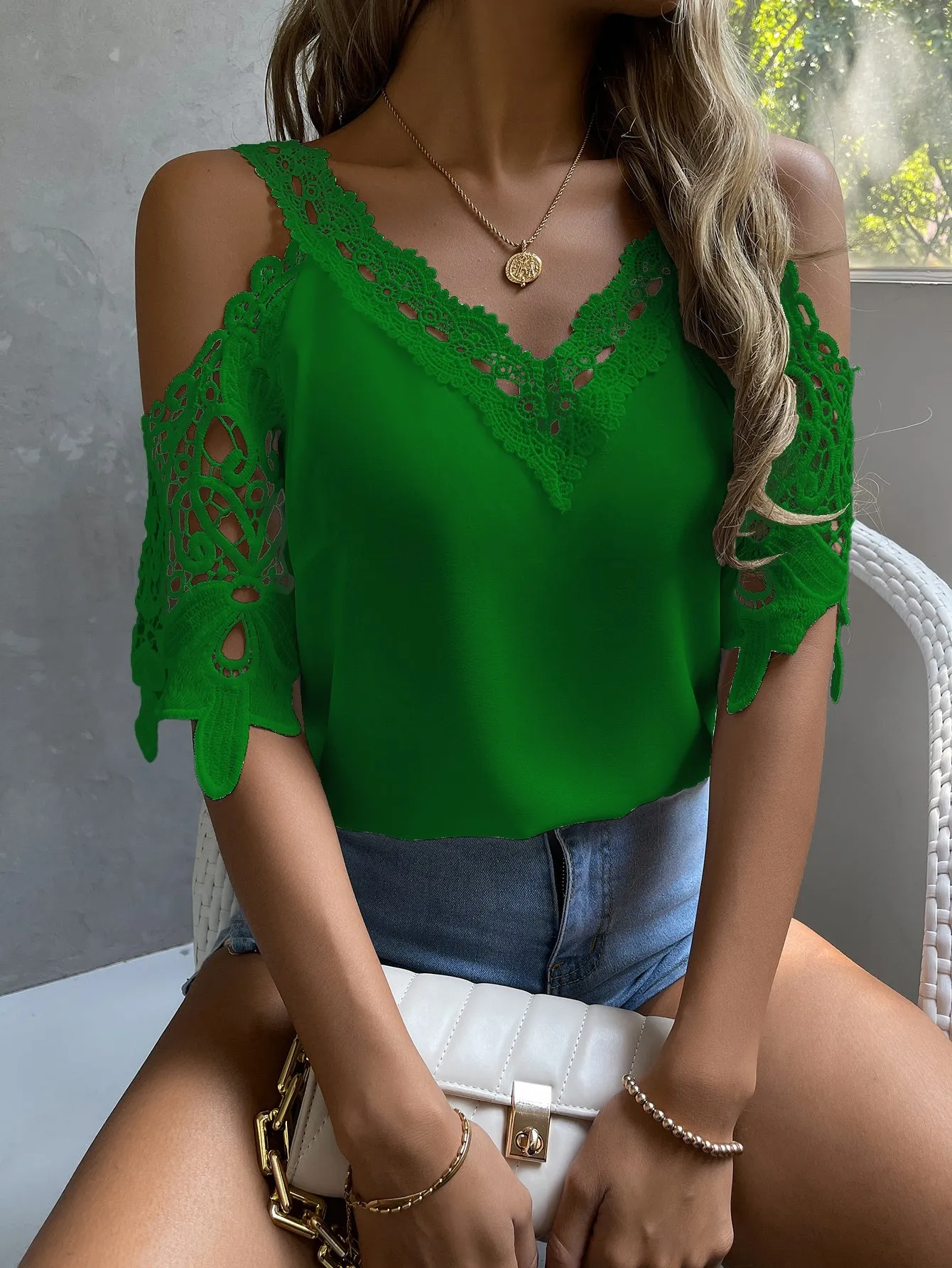 Cold Shoulder Guipure Lace Blouse