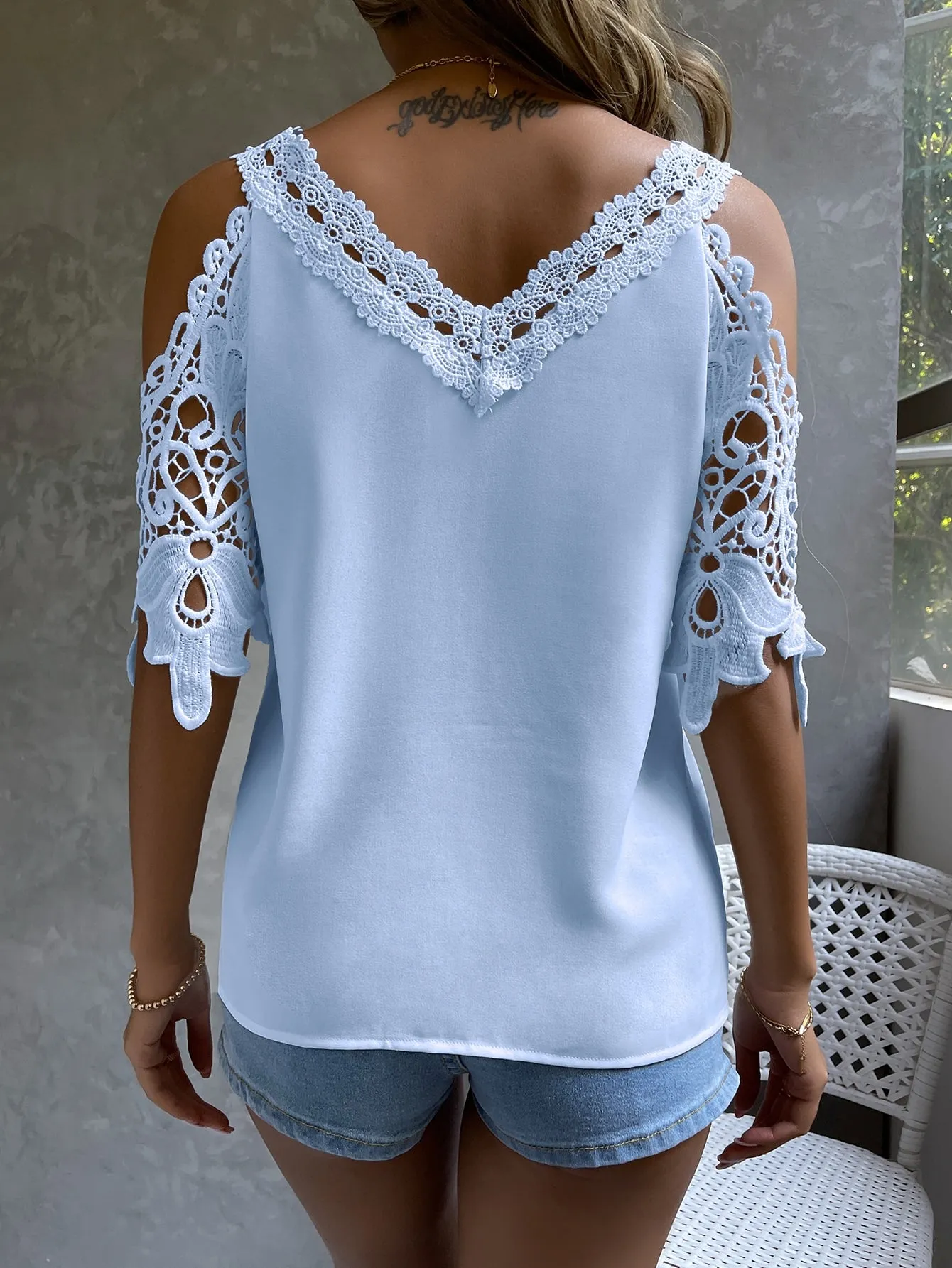 Cold Shoulder Guipure Lace Blouse