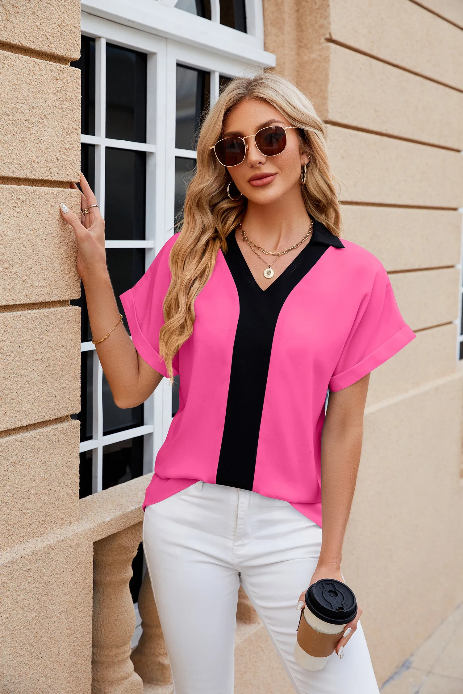 Coloured Lapel Chiffon Shirt