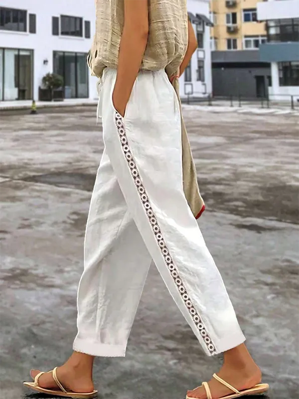 Comfy Boho Linen Pants with Geometric Trims