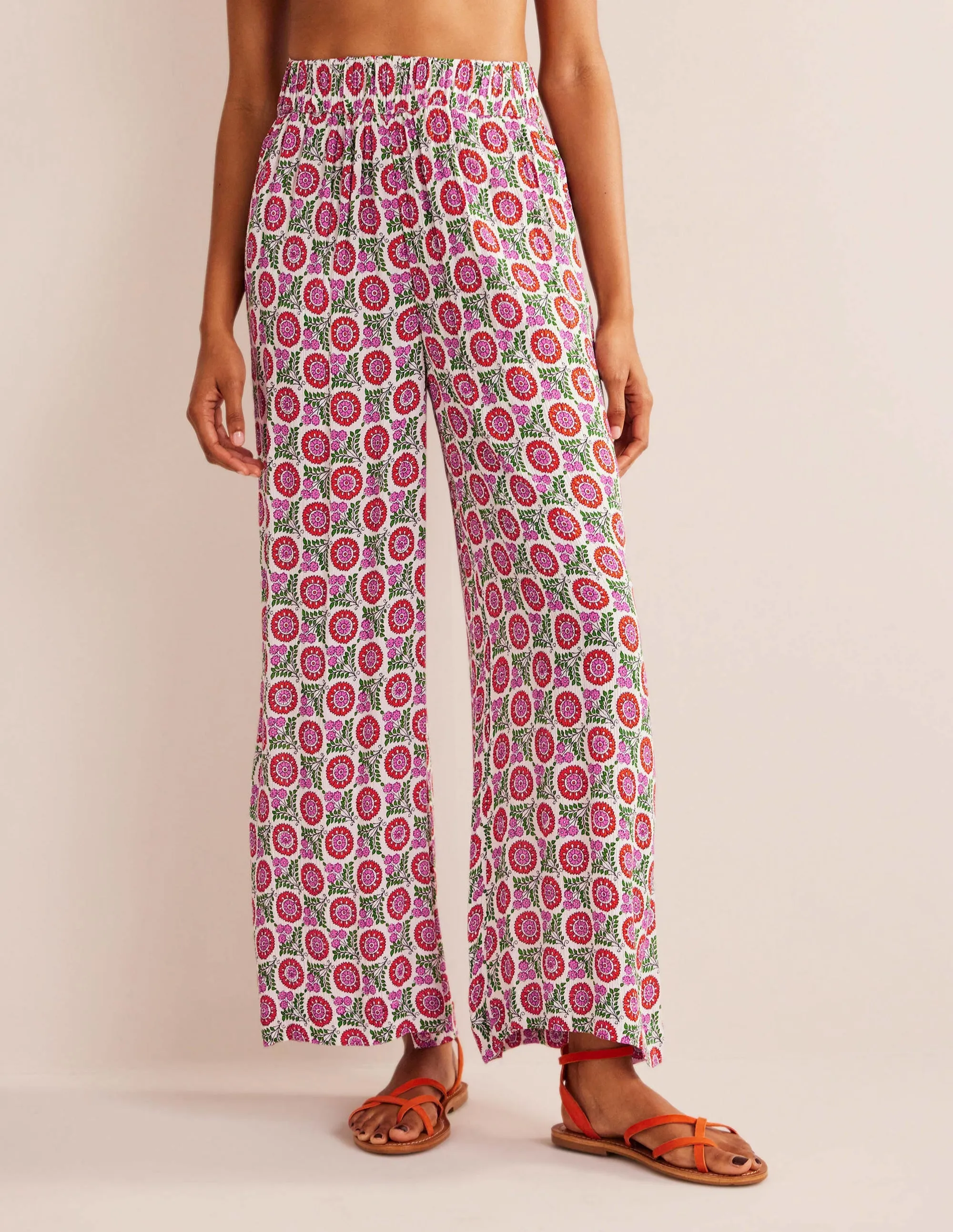 Crinkle Wide Leg Trousers-Gin Fizz, Sunflower Sprig