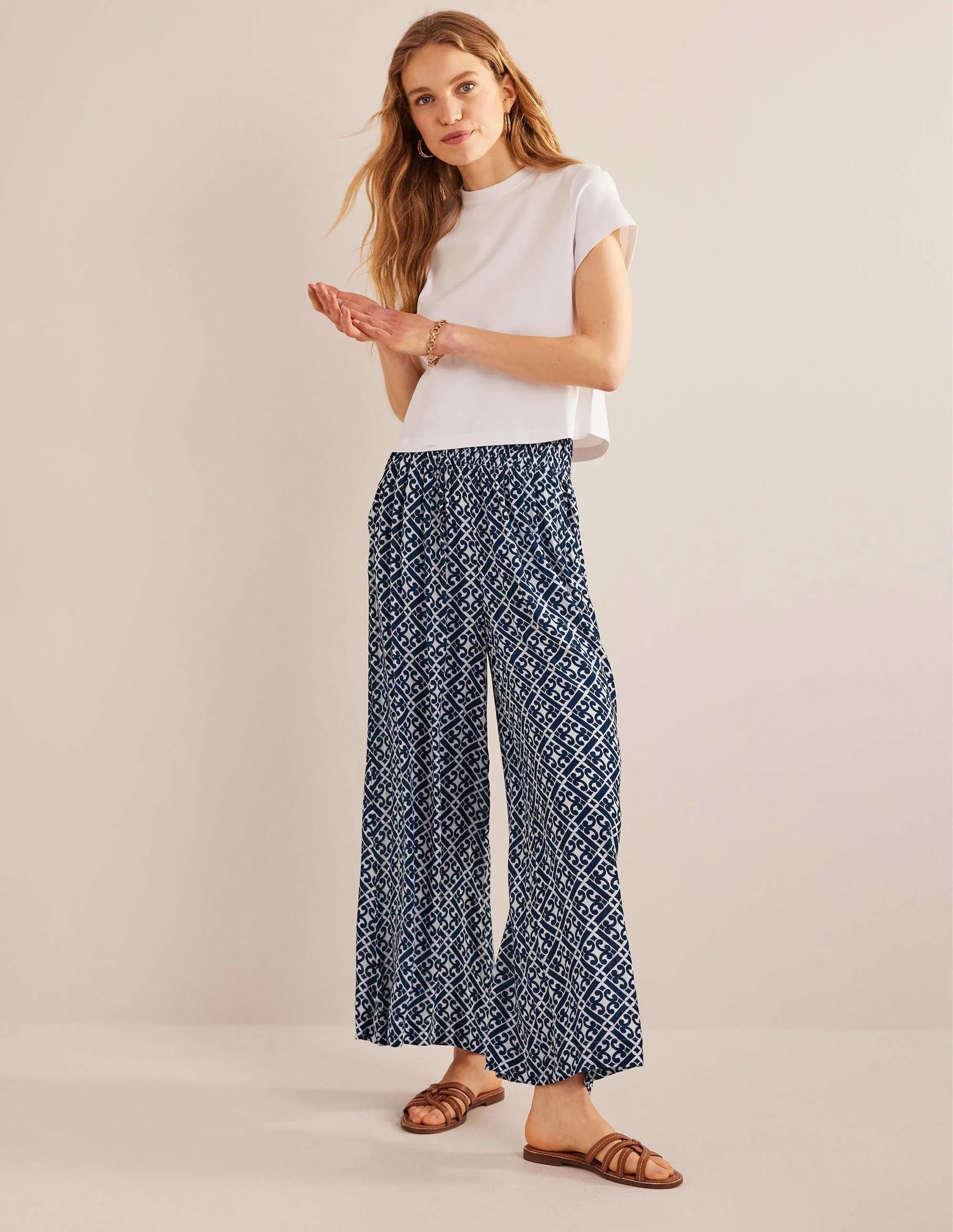 Crinkle Wide Leg Trousers-Prussian Blue, Tranquil Geo