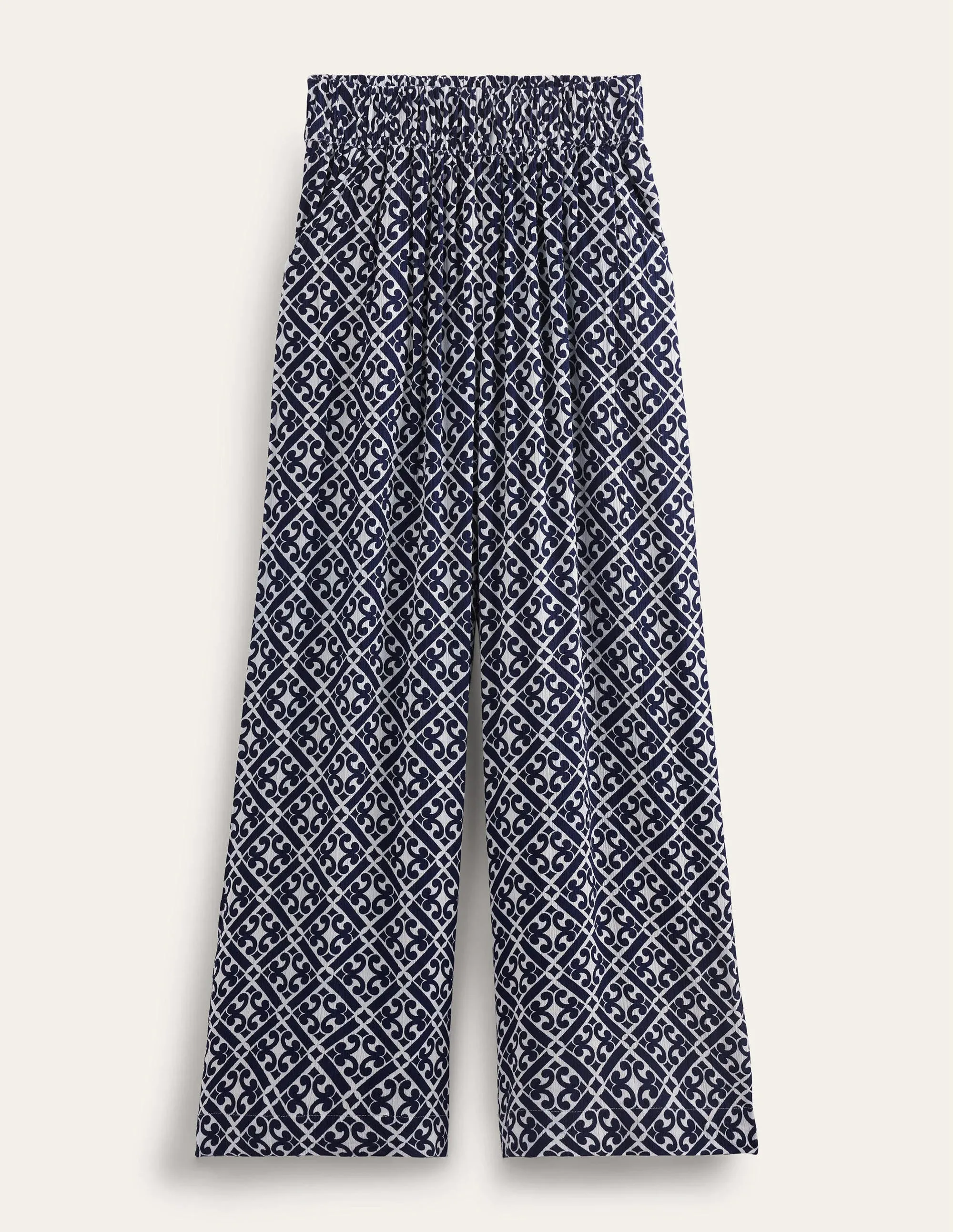 Crinkle Wide Leg Trousers-Prussian Blue, Tranquil Geo