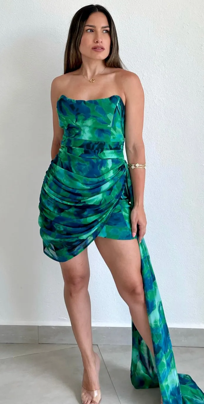 Effortless Attraction Green Print Strapless Dress