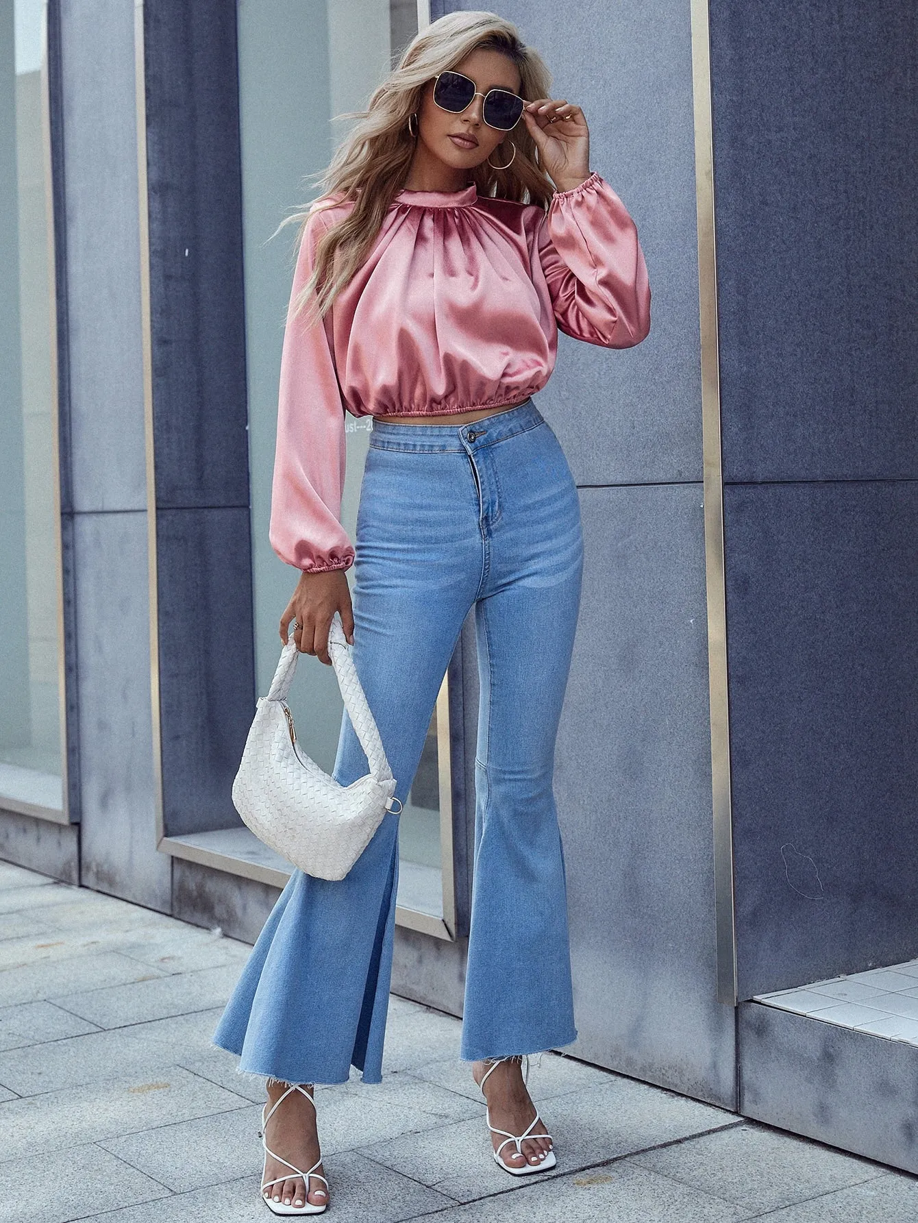 Elegant Plain Long Sleeve Stand Collar Crop Blouse