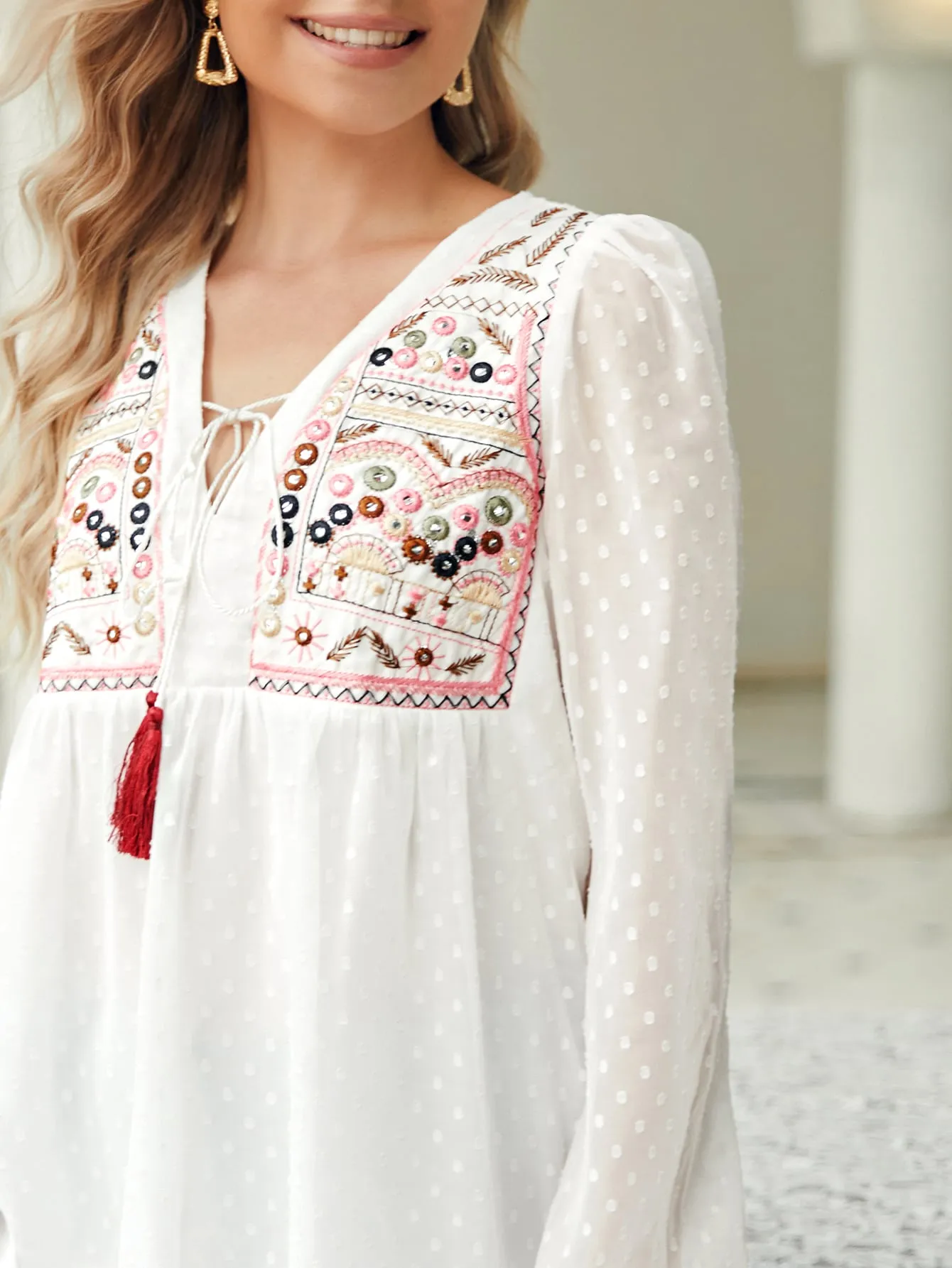 Embroidery Fringe Detail Peplum Blouse