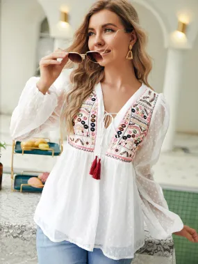 Embroidery Fringe Detail Peplum Blouse