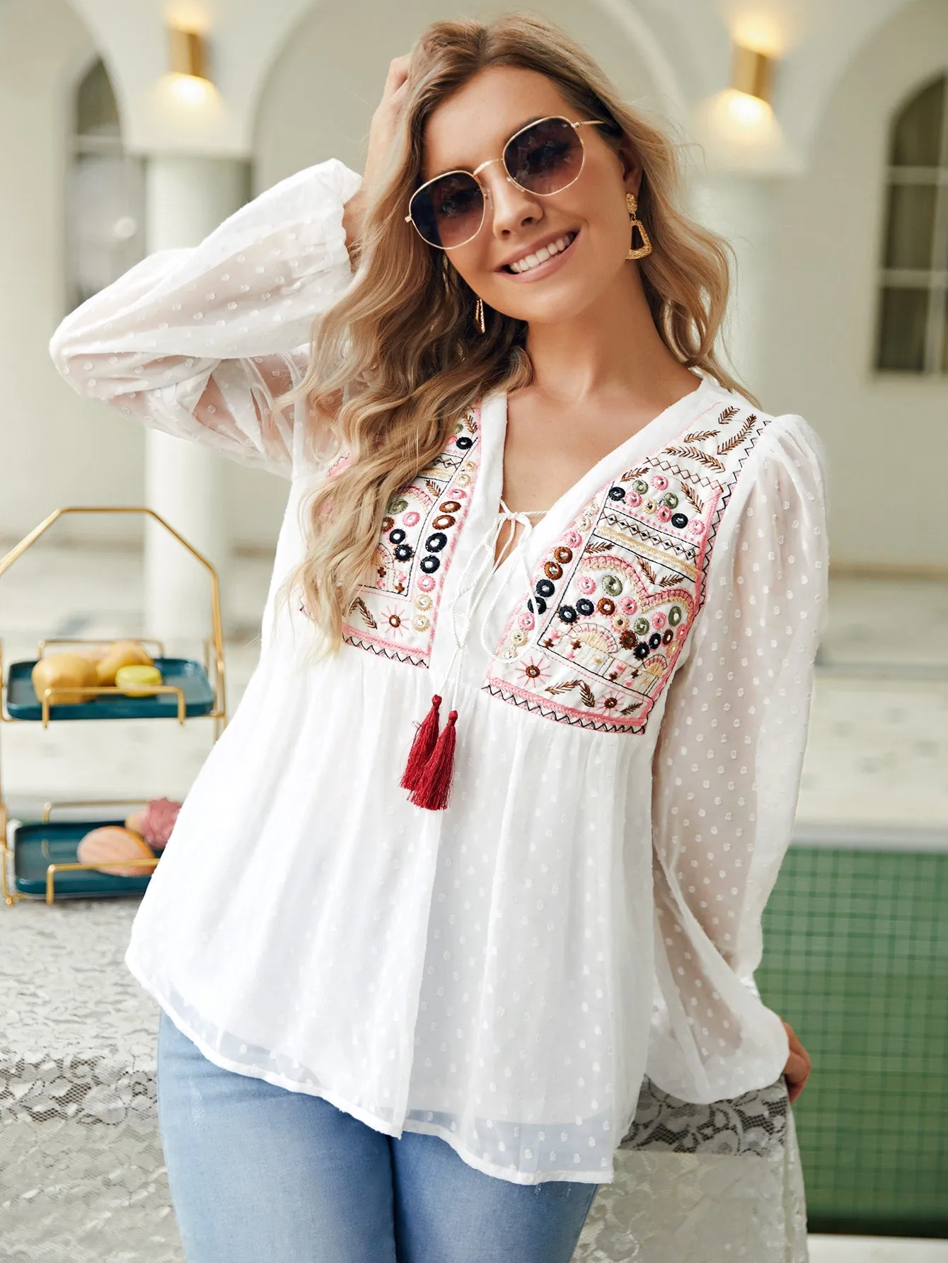 Embroidery Fringe Detail Peplum Blouse