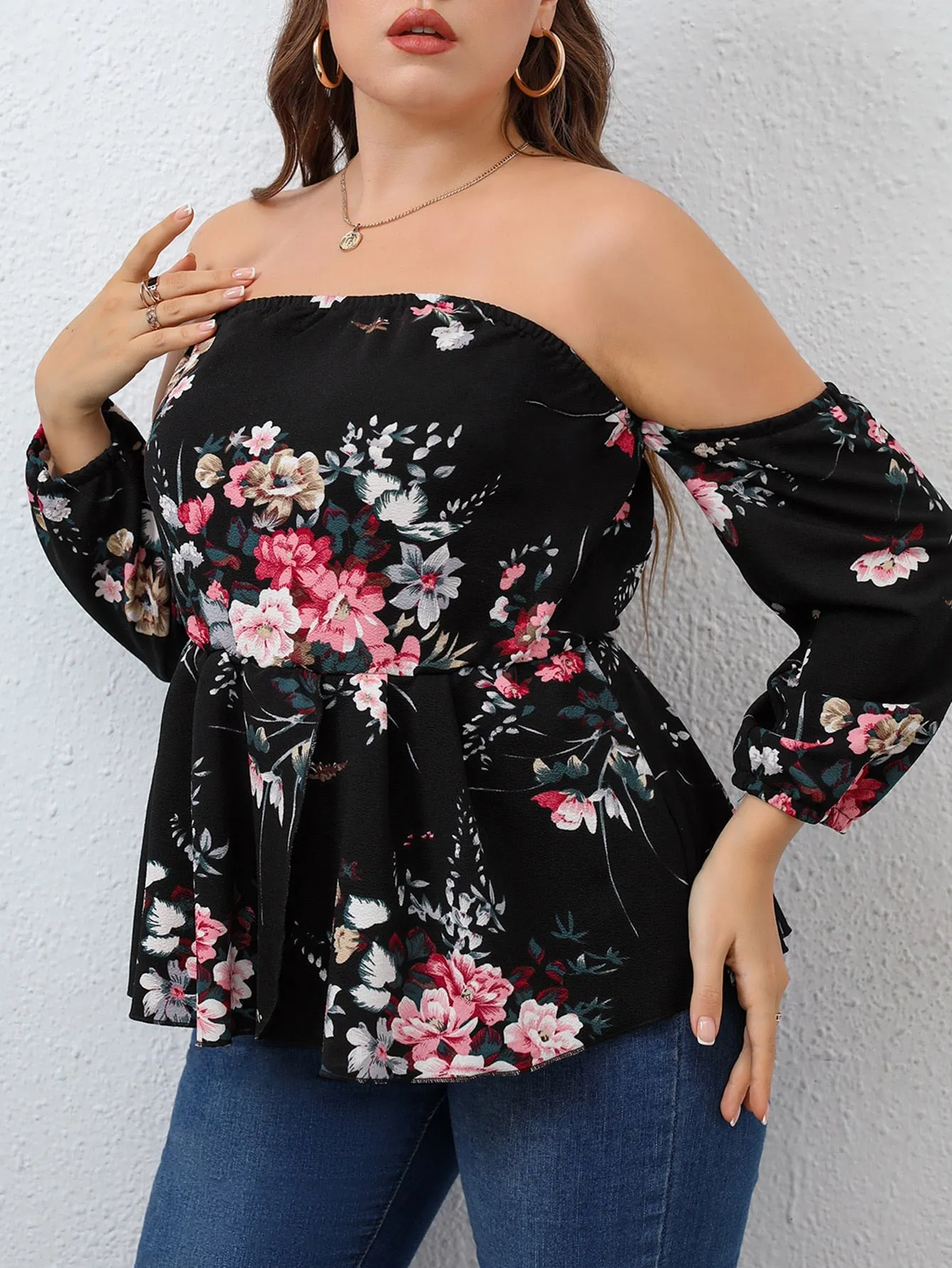 Floral Ruffle Hem Long Sleeve Off The Shoulder Flared Regular Plus Size Blouse