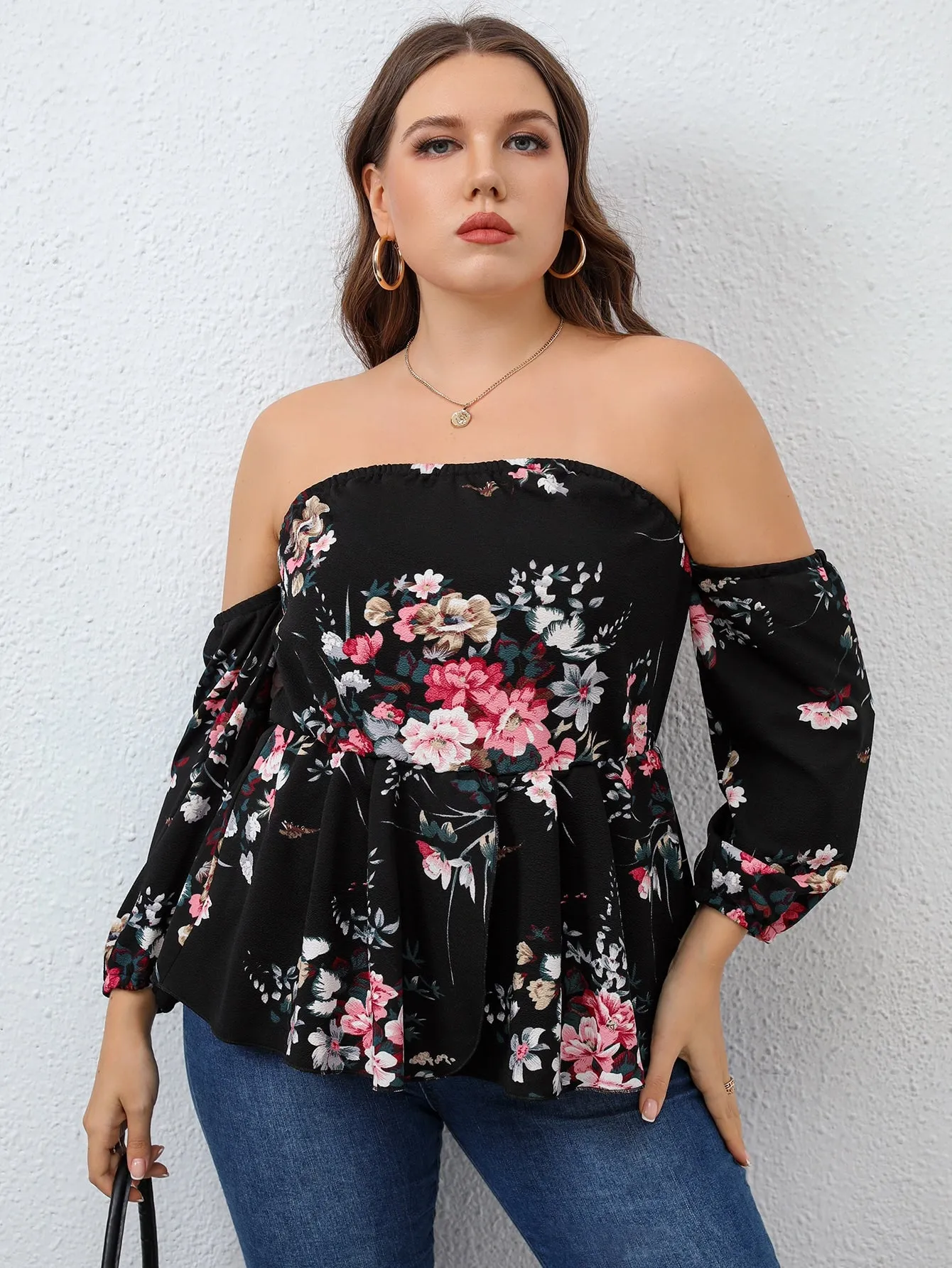 Floral Ruffle Hem Long Sleeve Off The Shoulder Flared Regular Plus Size Blouse