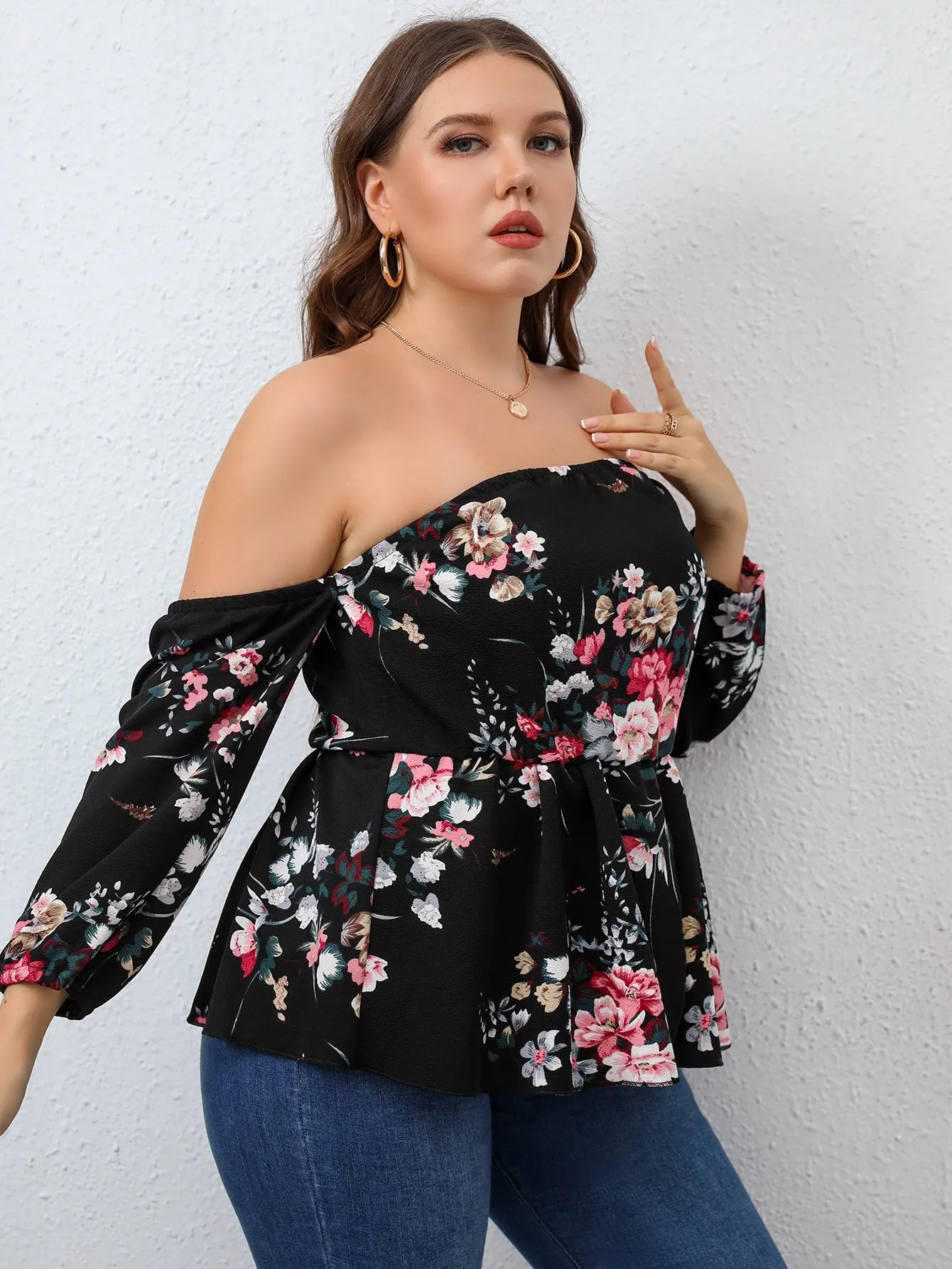 Floral Ruffle Hem Long Sleeve Off The Shoulder Flared Regular Plus Size Blouse