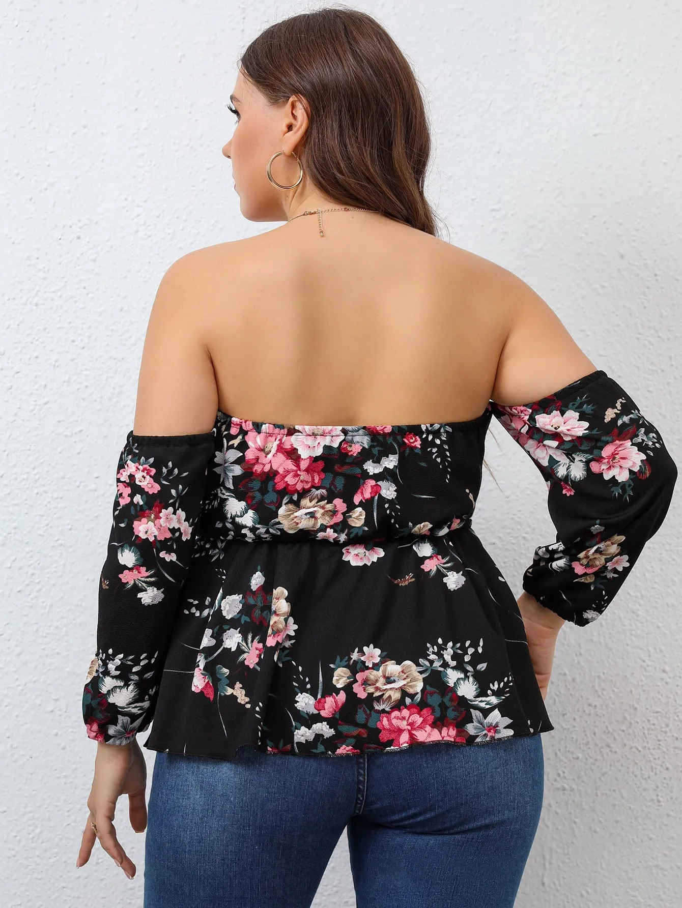 Floral Ruffle Hem Long Sleeve Off The Shoulder Flared Regular Plus Size Blouse