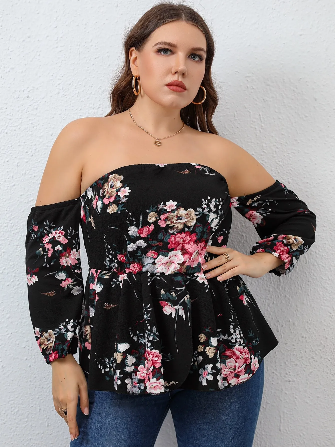 Floral Ruffle Hem Long Sleeve Off The Shoulder Flared Regular Plus Size Blouse