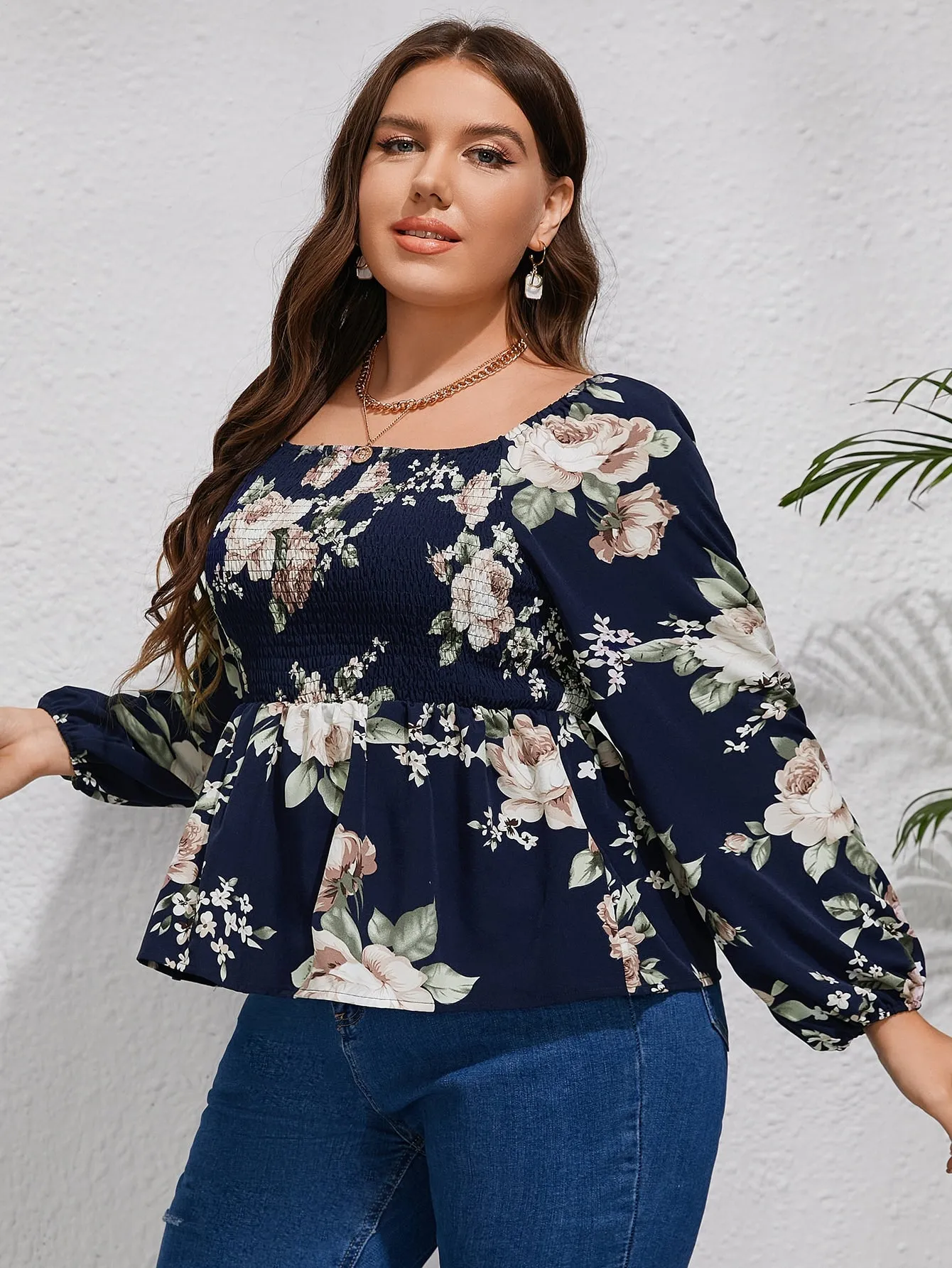 Floral Shirred Long Sleeve Square Neck Regular Plus Size Blouse