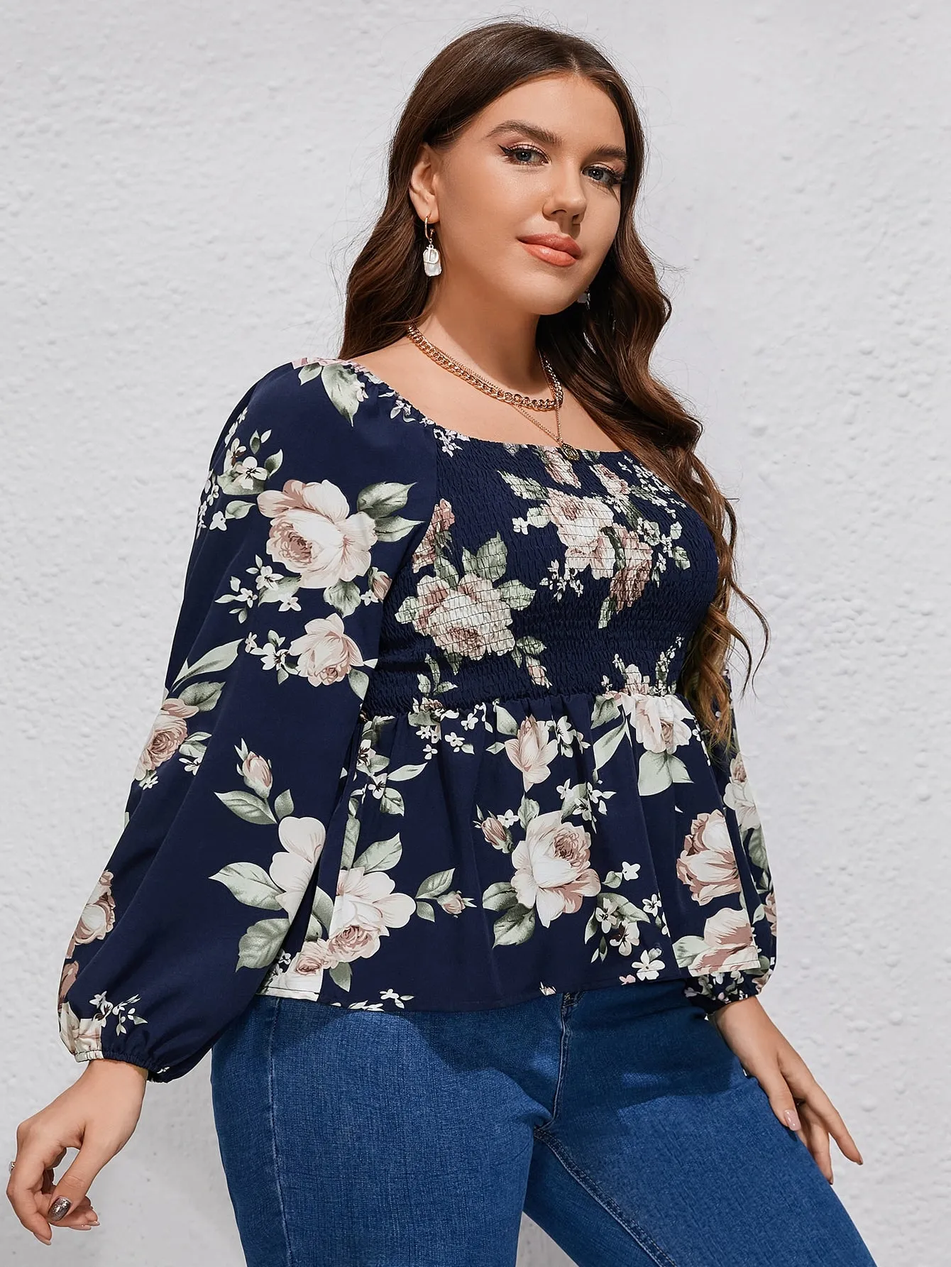 Floral Shirred Long Sleeve Square Neck Regular Plus Size Blouse