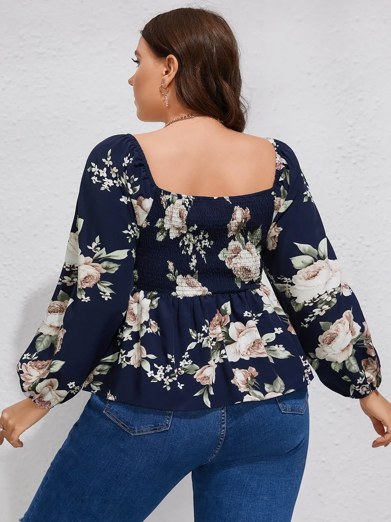 Floral Shirred Long Sleeve Square Neck Regular Plus Size Blouse