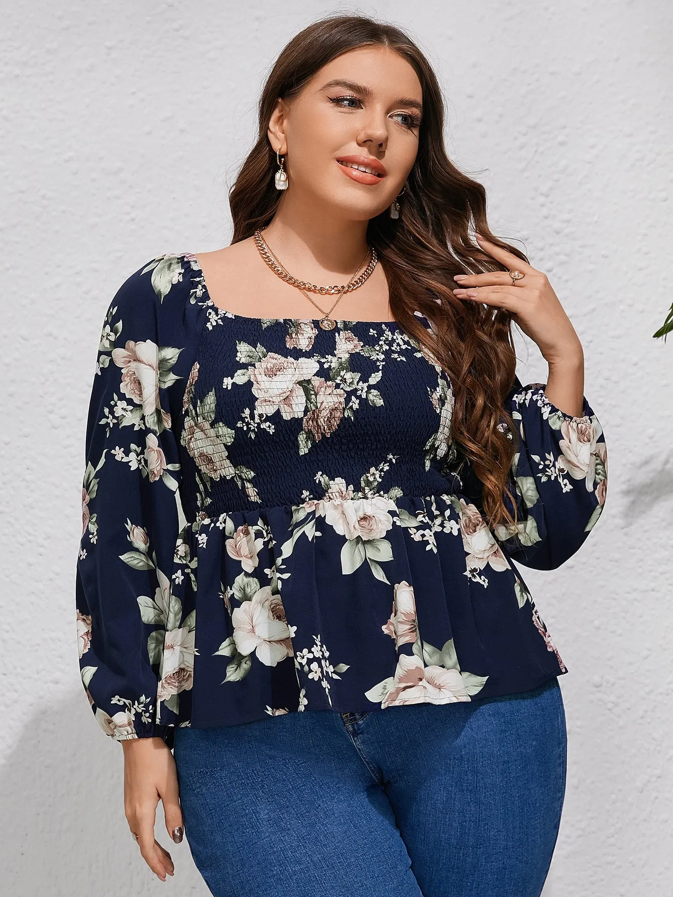 Floral Shirred Long Sleeve Square Neck Regular Plus Size Blouse