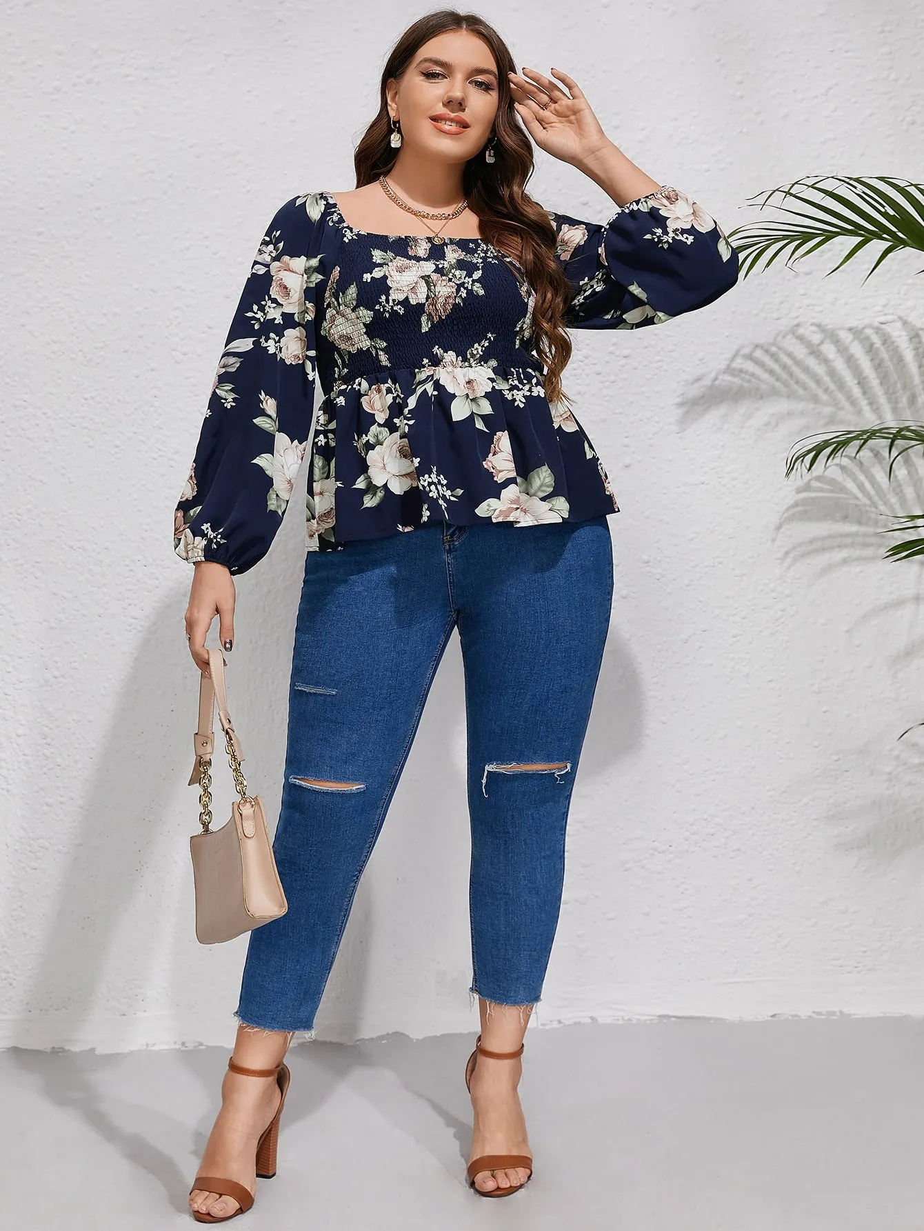 Floral Shirred Long Sleeve Square Neck Regular Plus Size Blouse