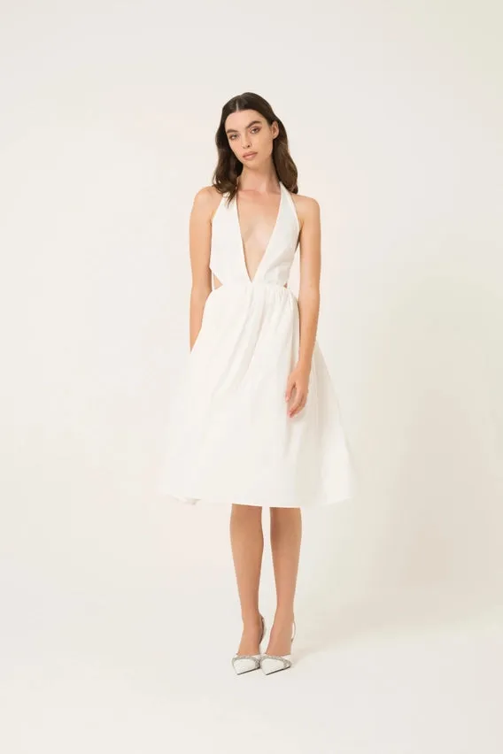 Marilyn Plunge Neck Cotton Halter Midi Dress