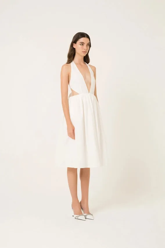 Marilyn Plunge Neck Cotton Halter Midi Dress