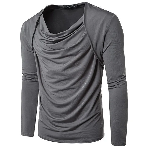 Mens Stylish Solid Color Fake Two Pieces Pile Heap Collar Long Sleeve Casual Cotton T-shirt