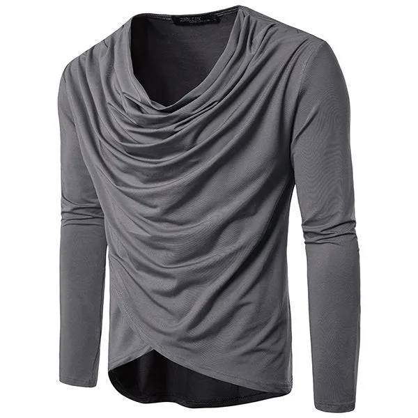 Mens Stylish Solid Color Irregular Tops Pile Heap Collar Long Sleeve Casual Cotton T-shirt